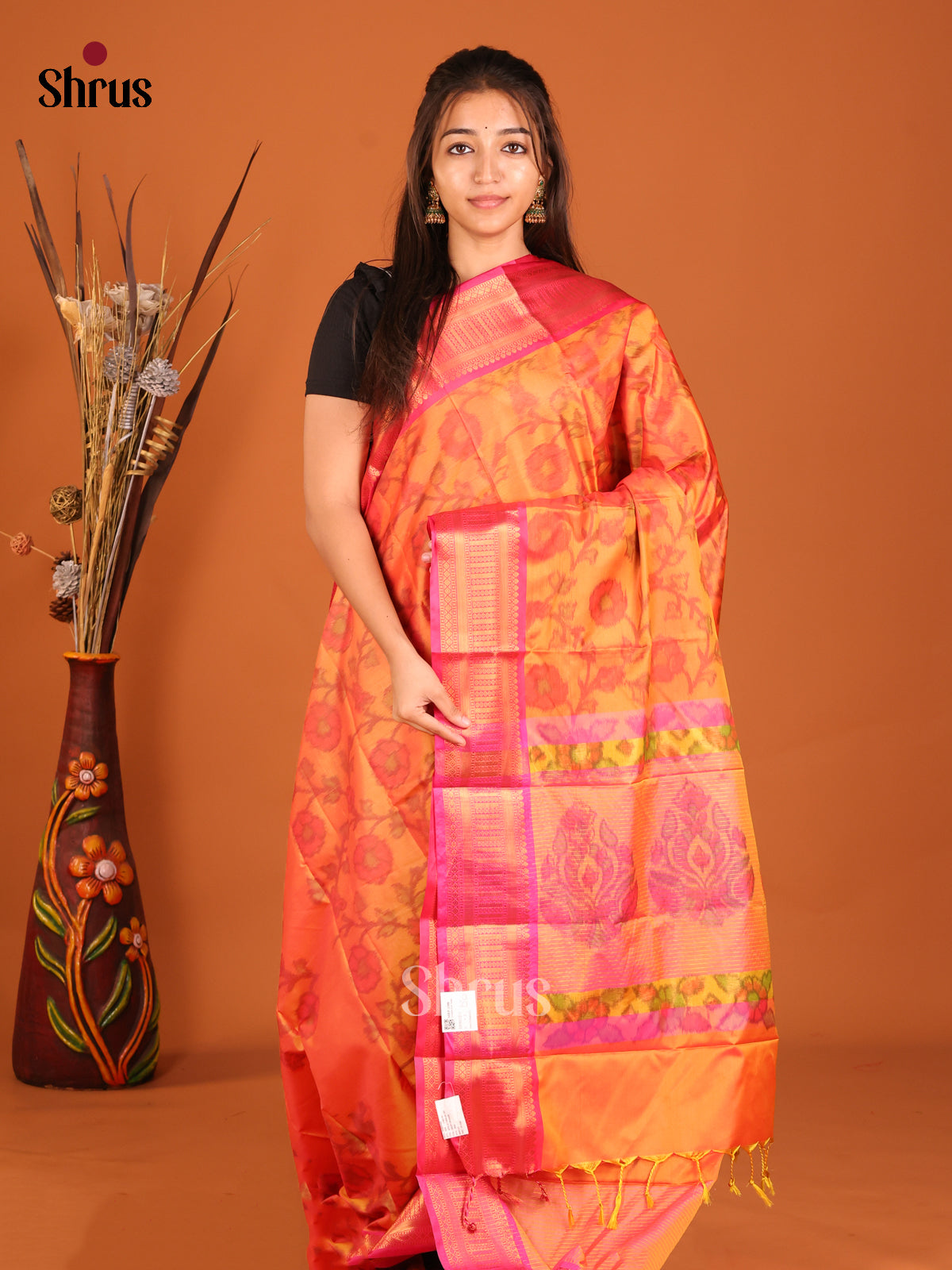 Orange & Pink- Semi Pochampally Saree