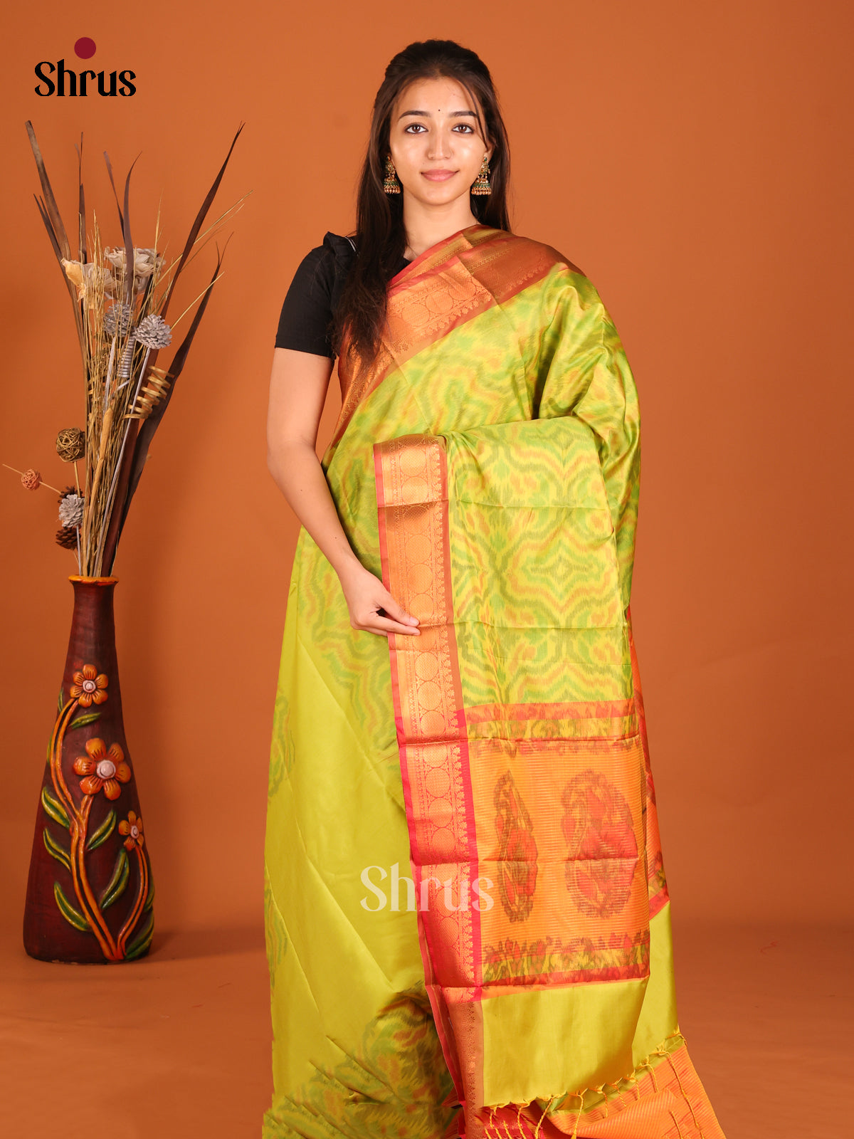 Light Green & Red- Semi Pochampally Saree - Shop on Shrus.com