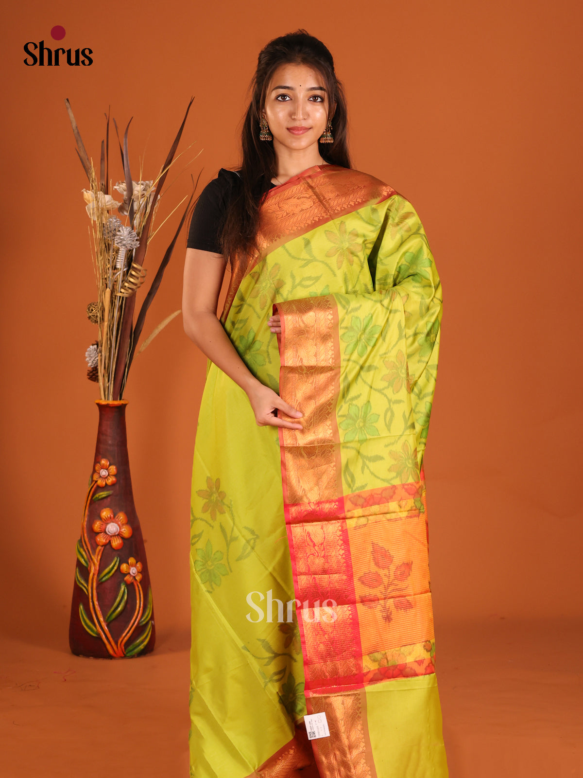 Light Green & Red - Semi Pochampally Saree - Shop on Shrus.com
