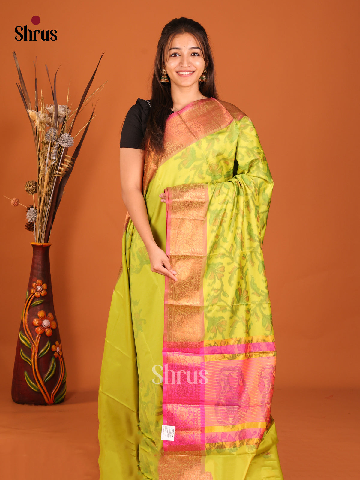 Light Green & Pink - Semi Pochampally Saree - Shop on Shrus.com