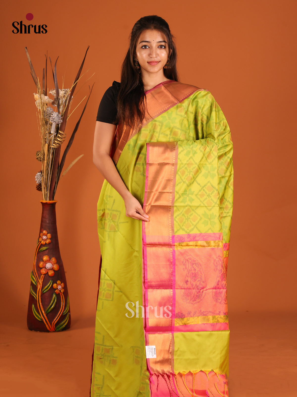 Light Green & Pink - Semi Pochampally Saree - Shop on Shrus.com