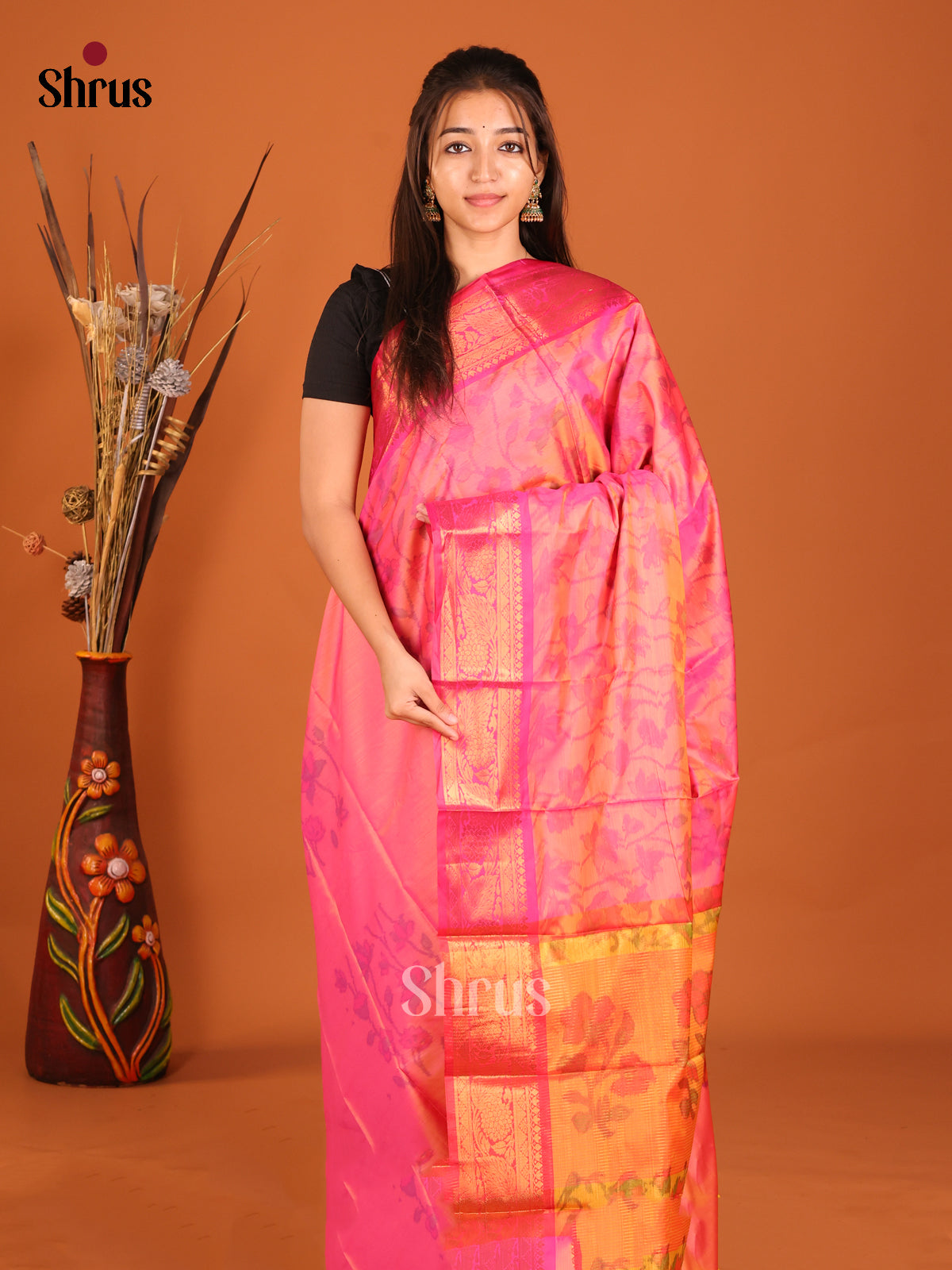 Pink & Orange - Semi Pochampally Saree - Shop on Shrus.com