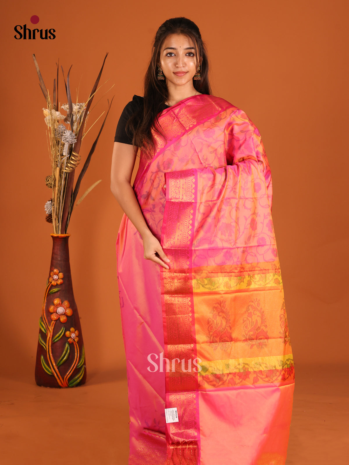 Orangish Pink & Pink- Semi Pochampally Saree - Shop on Shrus.com