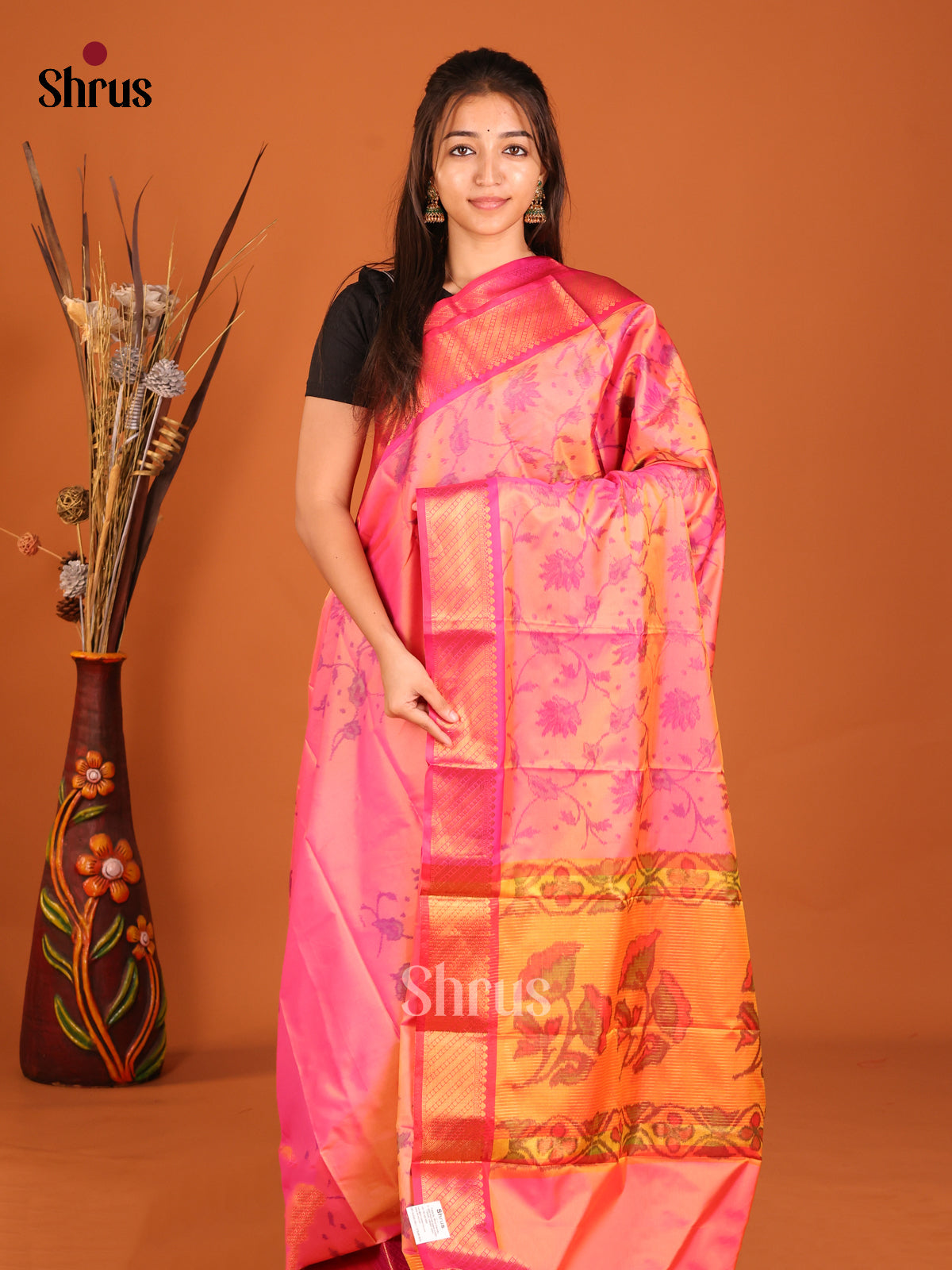 Pink & Orange - Semi Pochampally Saree - Shop on Shrus.com