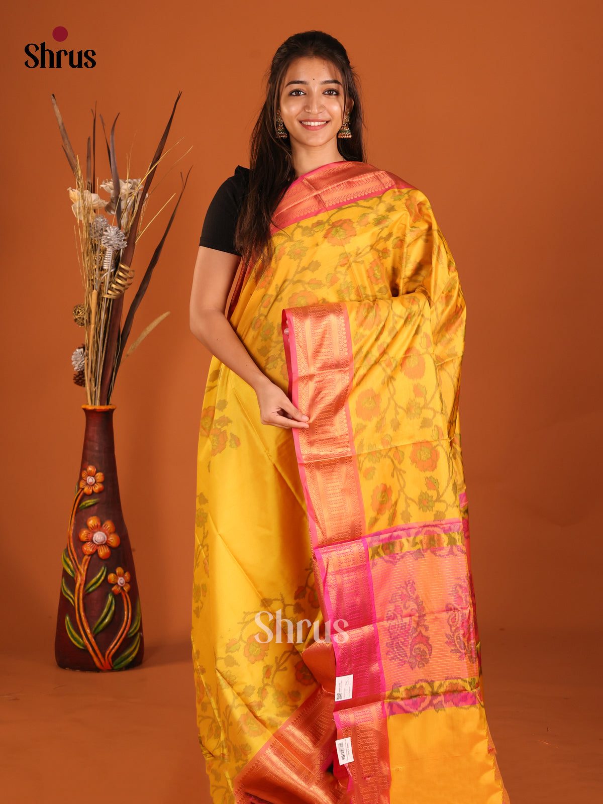 Yellow & Pink - Semi Pochampally Saree - Shop on Shrus.com