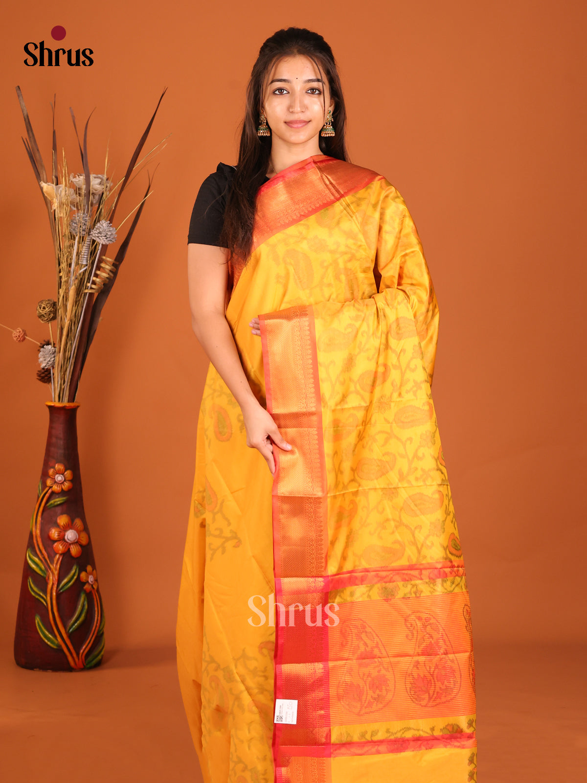 Yellow & Orange - Semi Pochampally Saree - Shop on Shrus.com