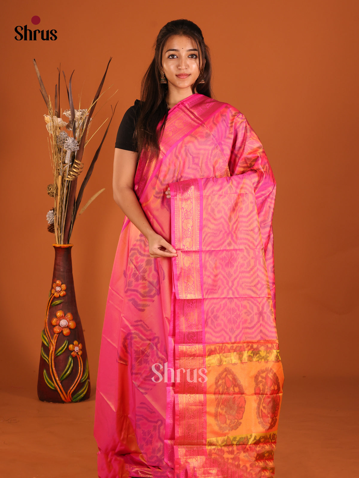 Orangish Pink & Pink - Semi Pochampally Saree - Shop on Shrus.com