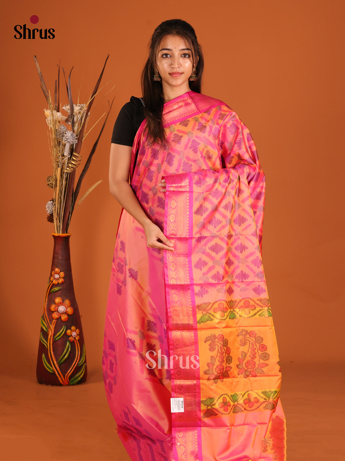 Orangish PInk & Pink - Semi Pochampally Saree - Shop on Shrus.com