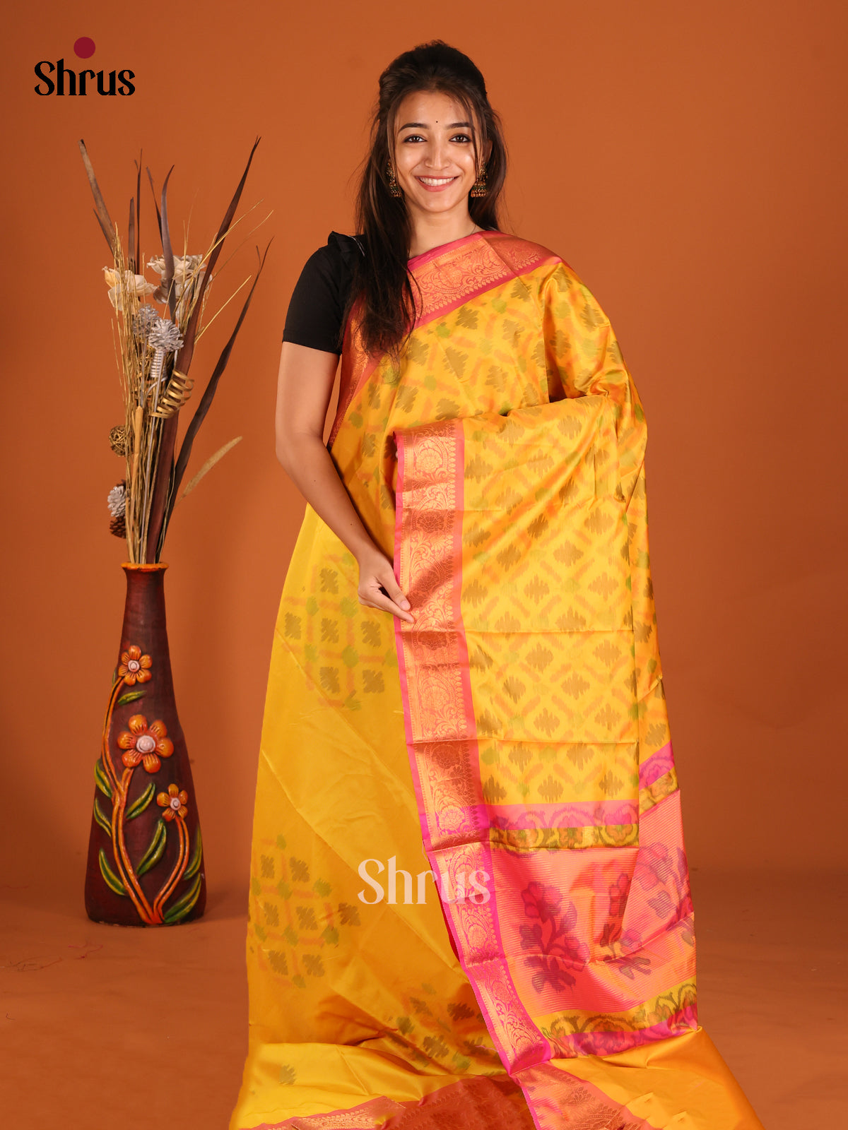 Yellow & Pink - Semi Pochampally Saree - Shop on Shrus.com