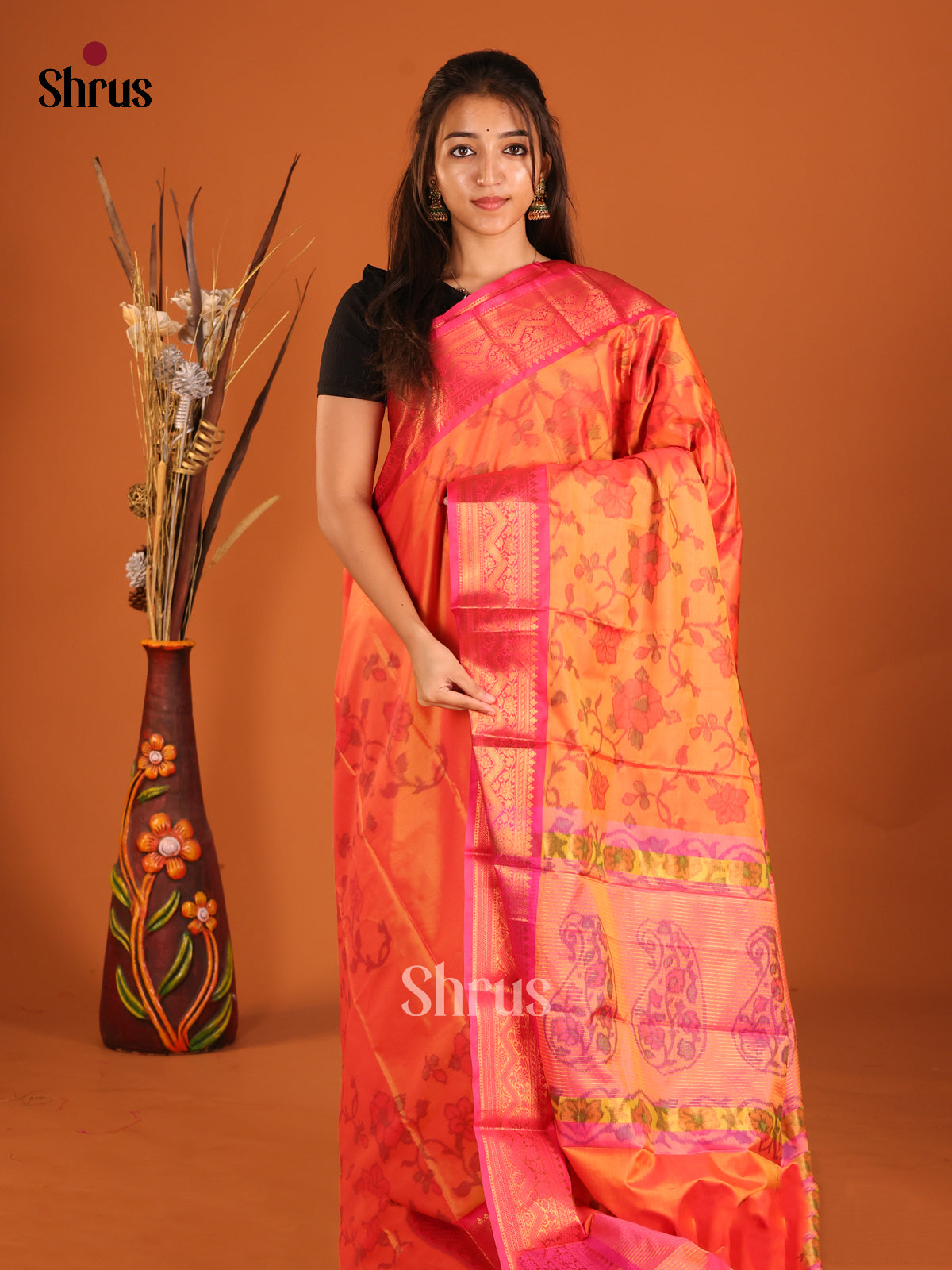 Orange & Pink - Semi Pochampally Saree - Shop on Shrus.com