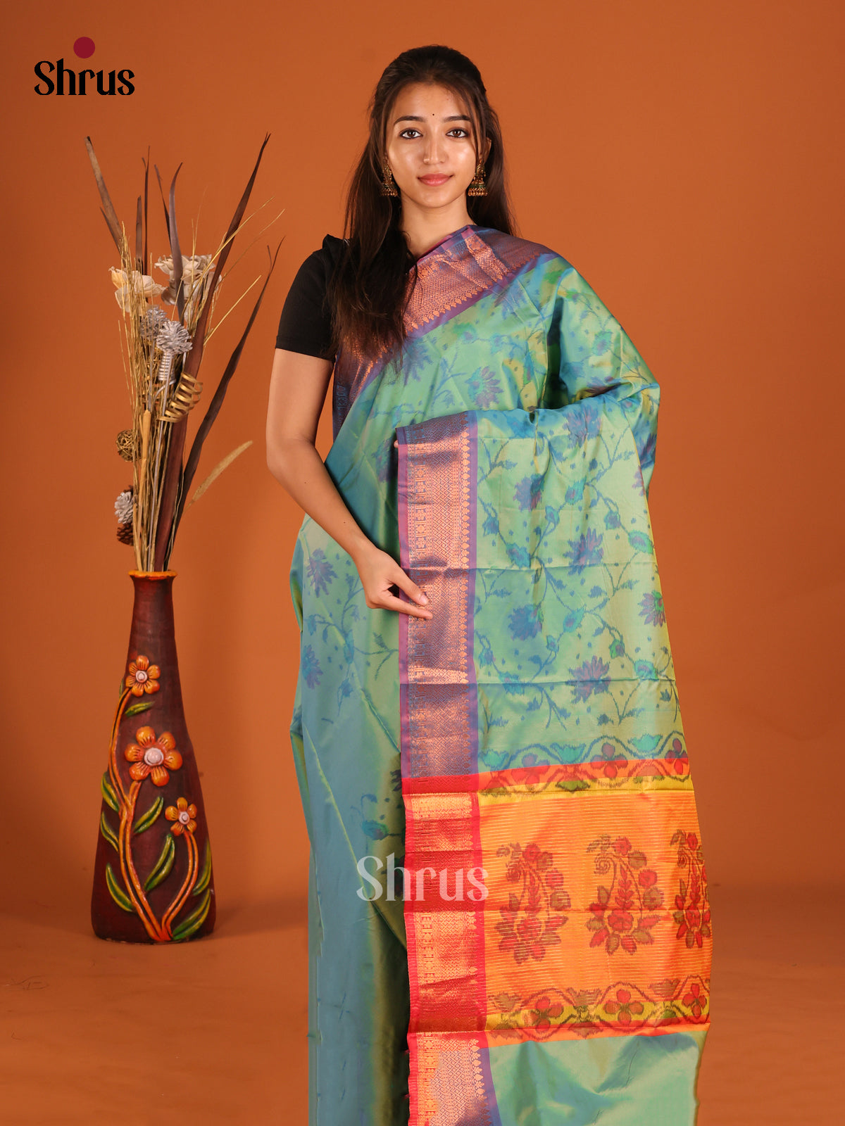 Green & Purple - Semi Pochampally Saree - Shop on Shrus.com