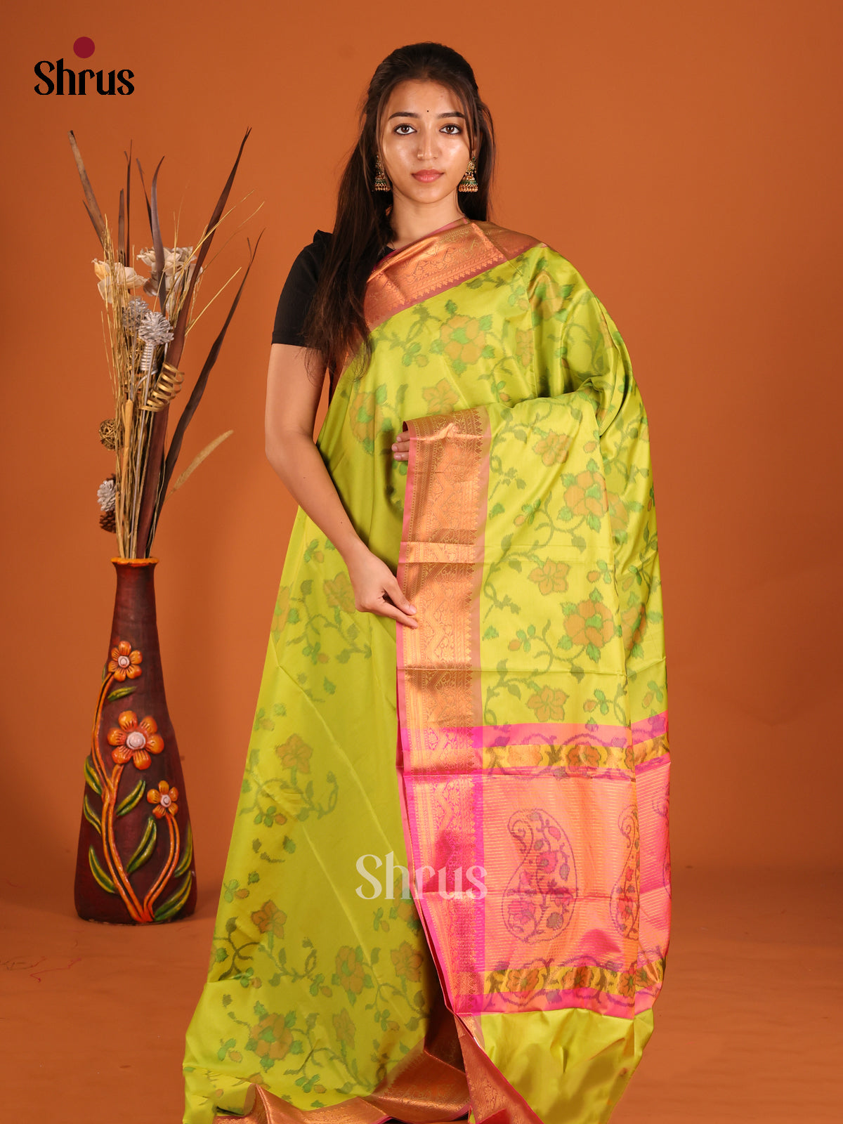 Light Green & Pink - Semi Pochampally Saree - Shop on Shrus.com