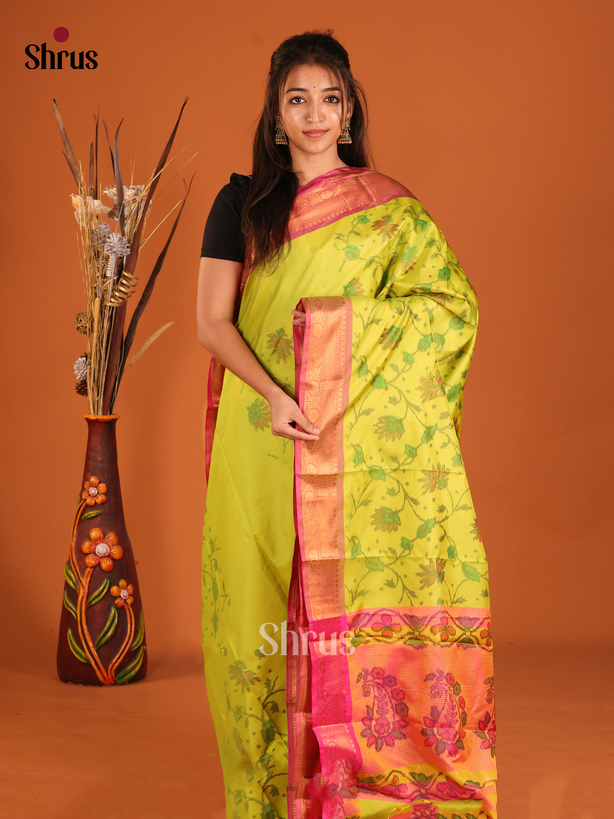 Light Green & Pink - Semi Pochampally Saree - Shop on Shrus.com