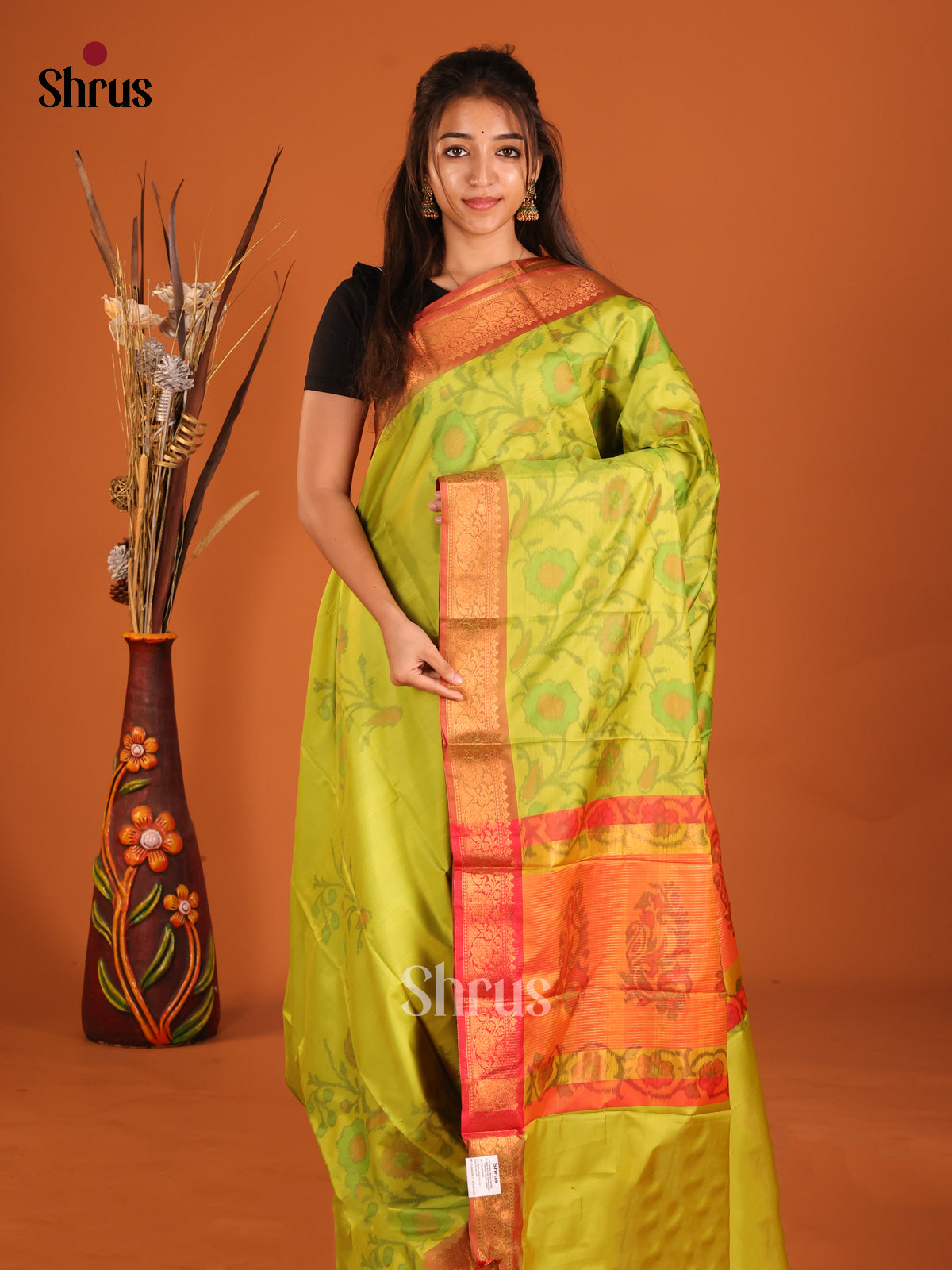 Light Green & Orange - Semi Pochampally Saree - Shop on Shrus.com