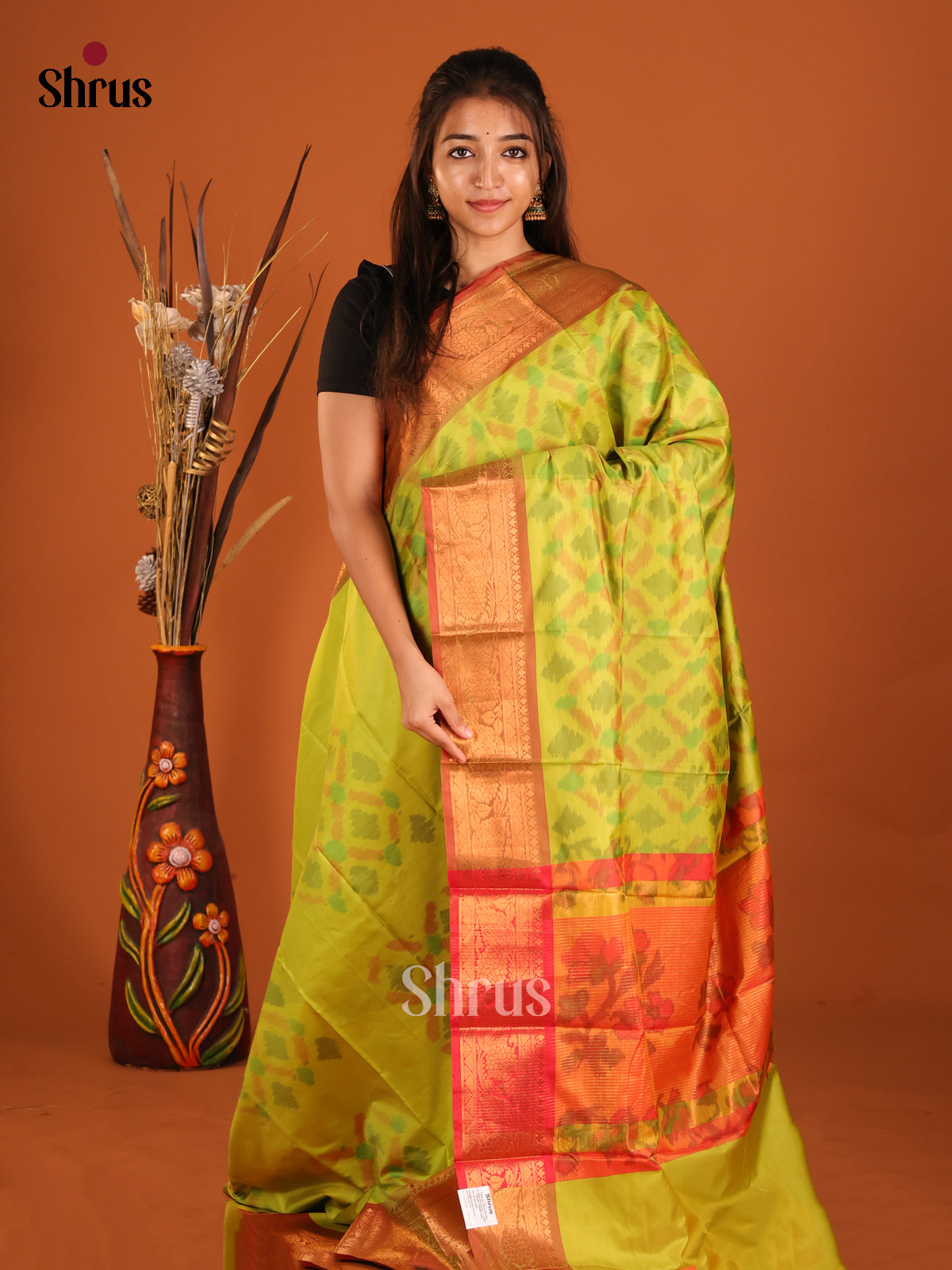 Light Green & Orange - Semi Pochampally Saree - Shop on Shrus.com