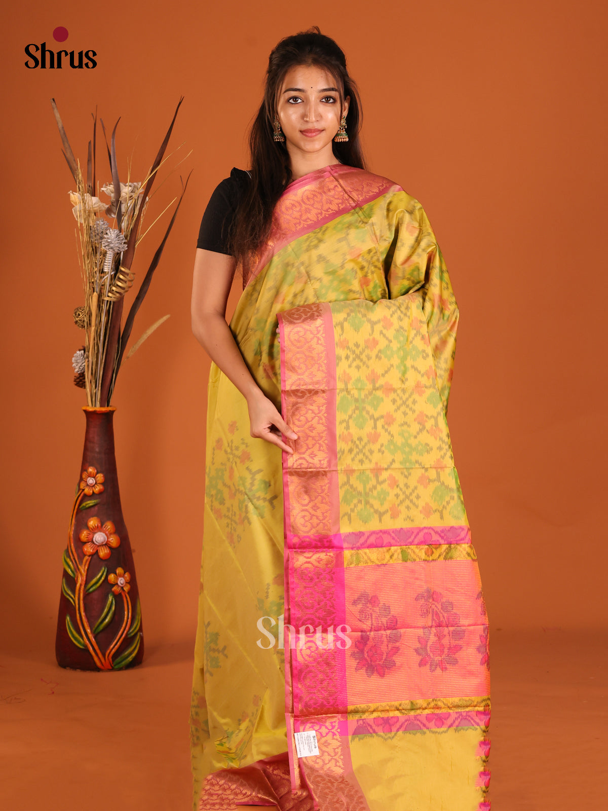 Yellow & Pink - Semi Pochampally Saree - Shop on Shrus.com