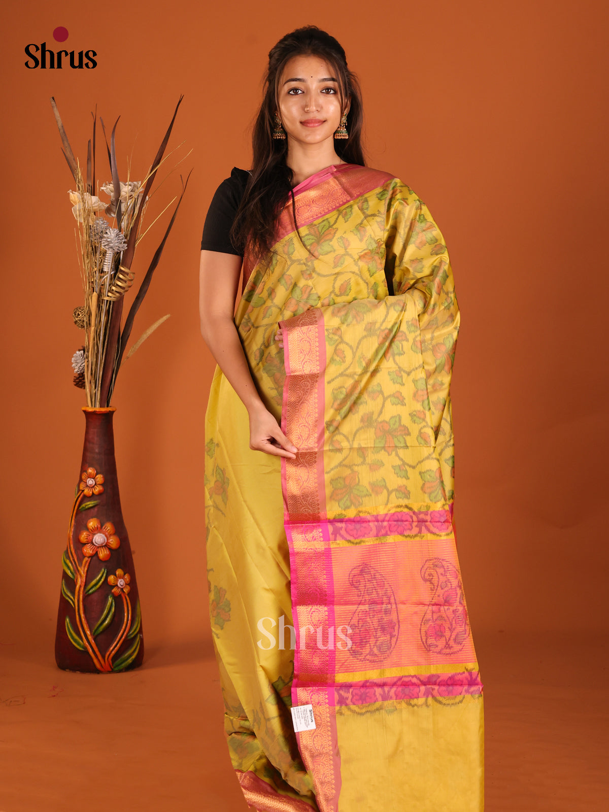 Yellow & Pink - Semi Pochampally Saree - Shop on Shrus.com