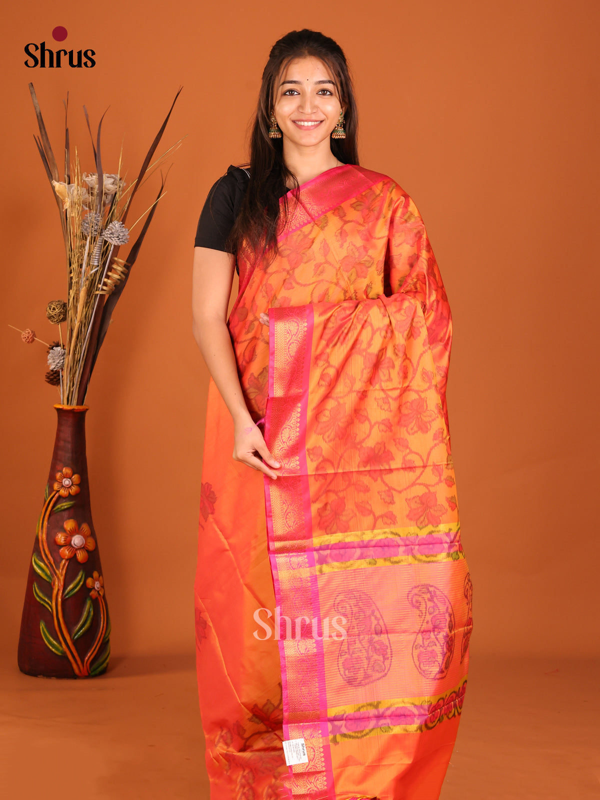 Orange & Pink - Semi Pochampally Saree - Shop on Shrus.com
