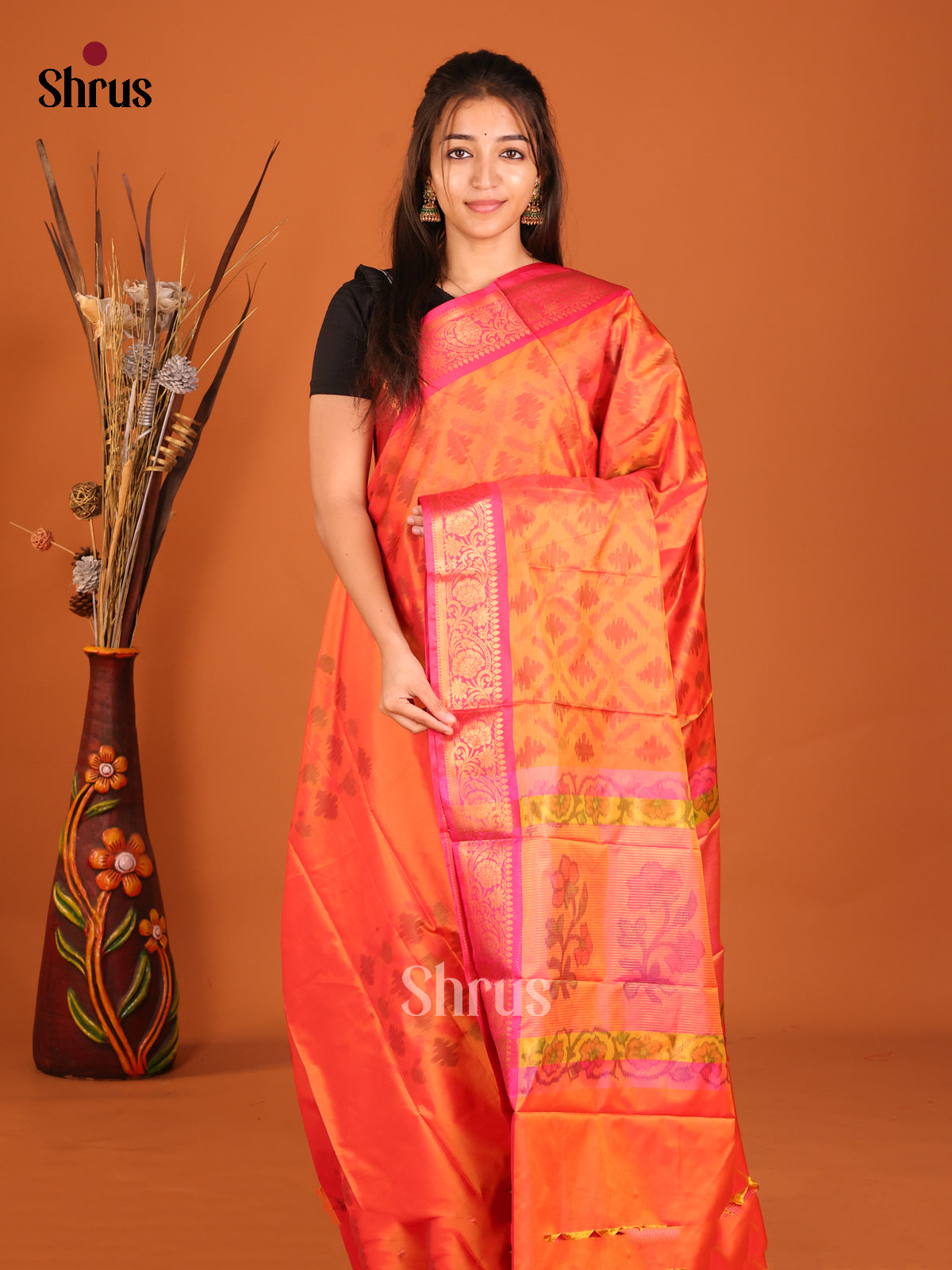 Orange & Pink - Semi Pochampally Saree - Shop on Shrus.com