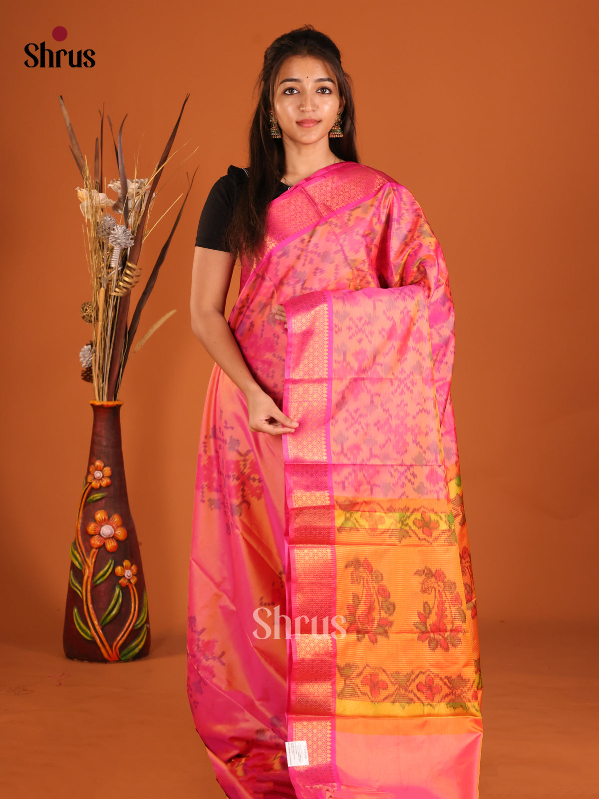 Orangish Pink & Pink - Semi Pochampally Saree - Shop on Shrus.com