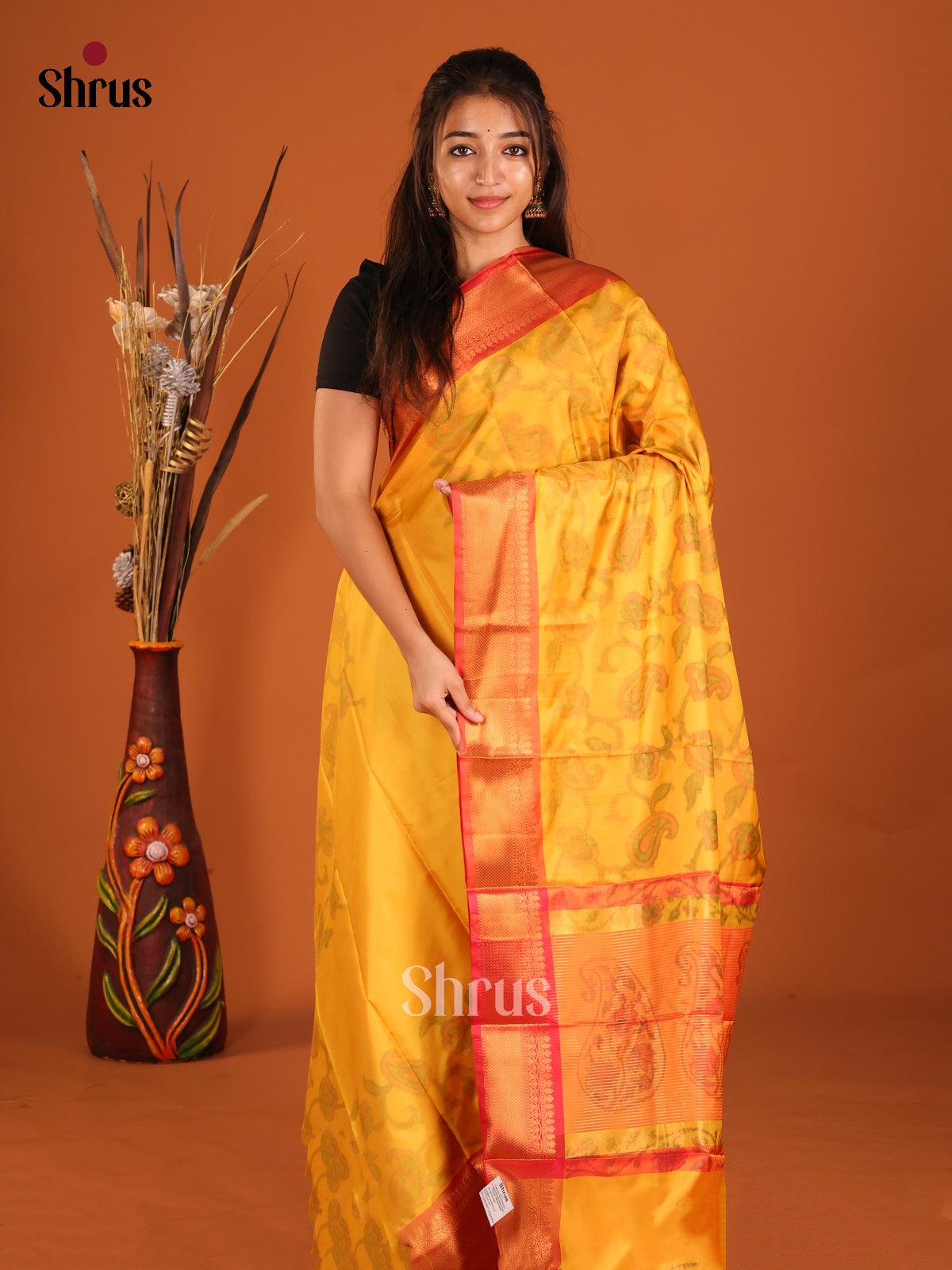 Yellow & Red - Semi Pochampally Saree - Shop on Shrus.com