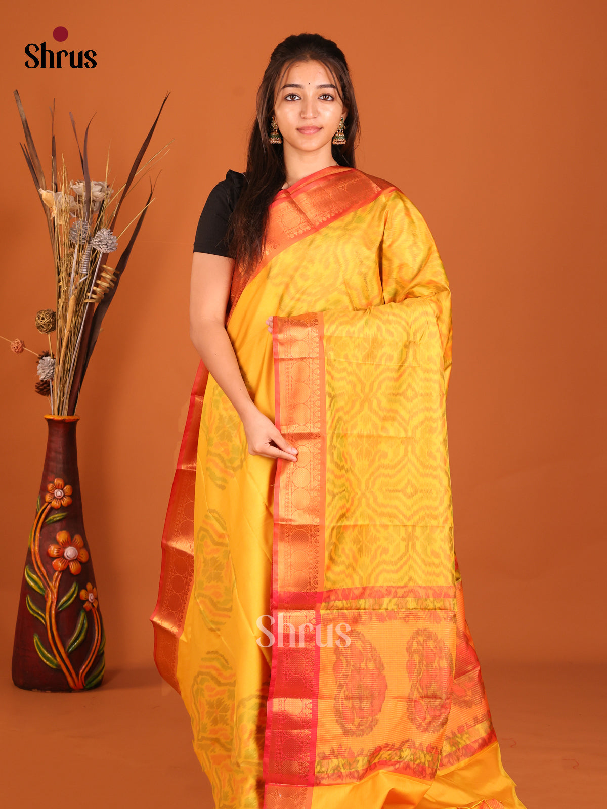 Yellow & Orange - Semi Pochampally Saree - Shop on Shrus.com