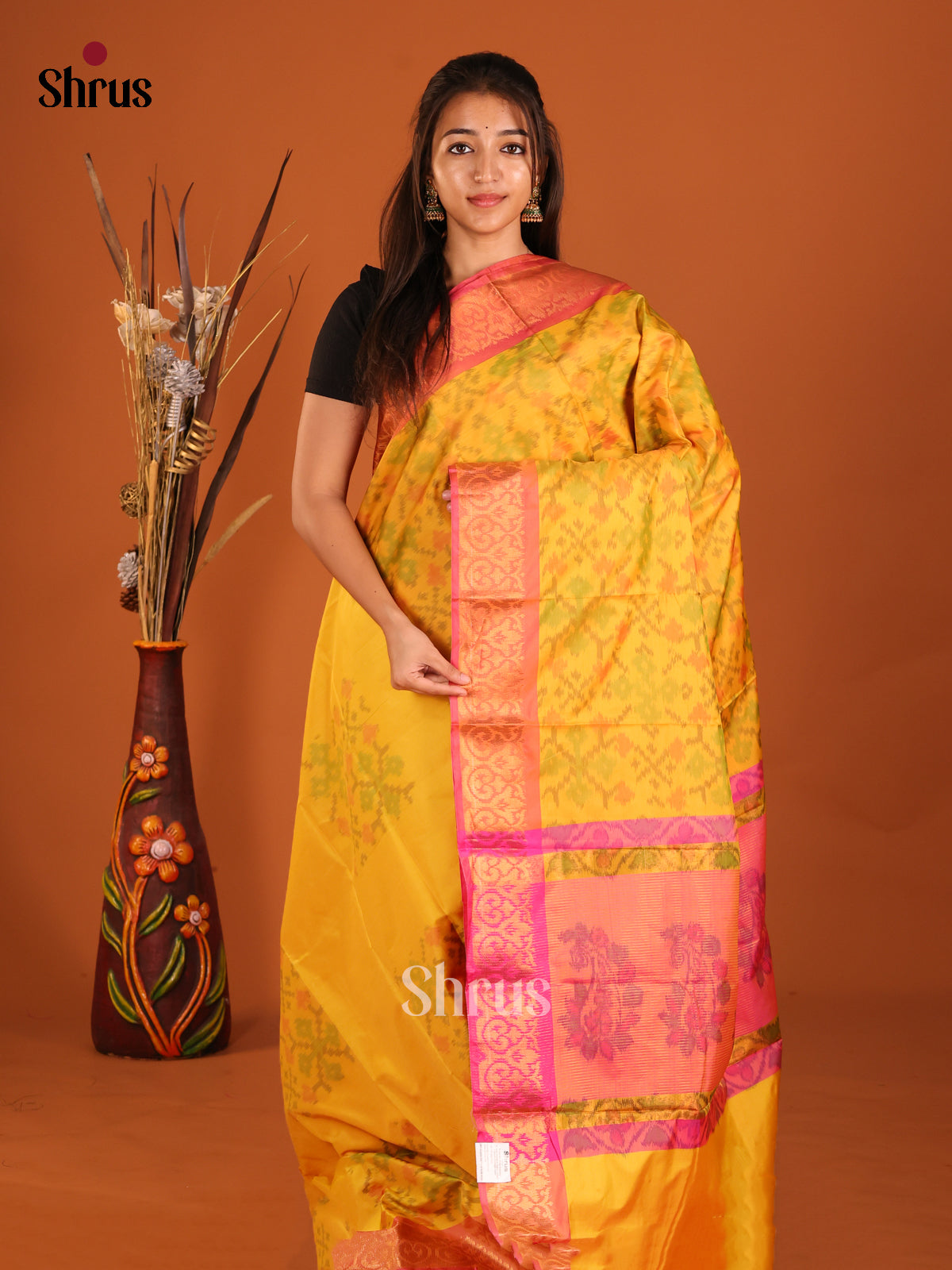 Yellow & Orange - Semi Pochampally Saree - Shop on Shrus.com