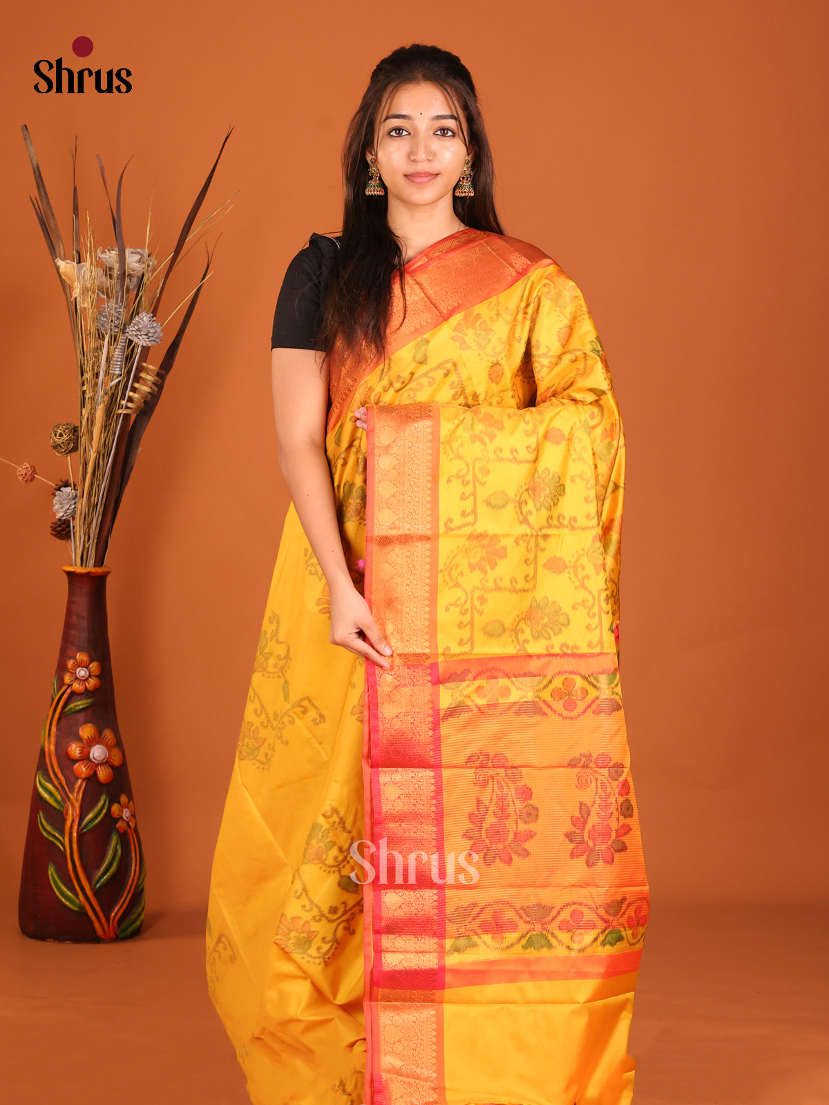 Yellow & Orange- Semi Pochampally Saree - Shop on Shrus.com