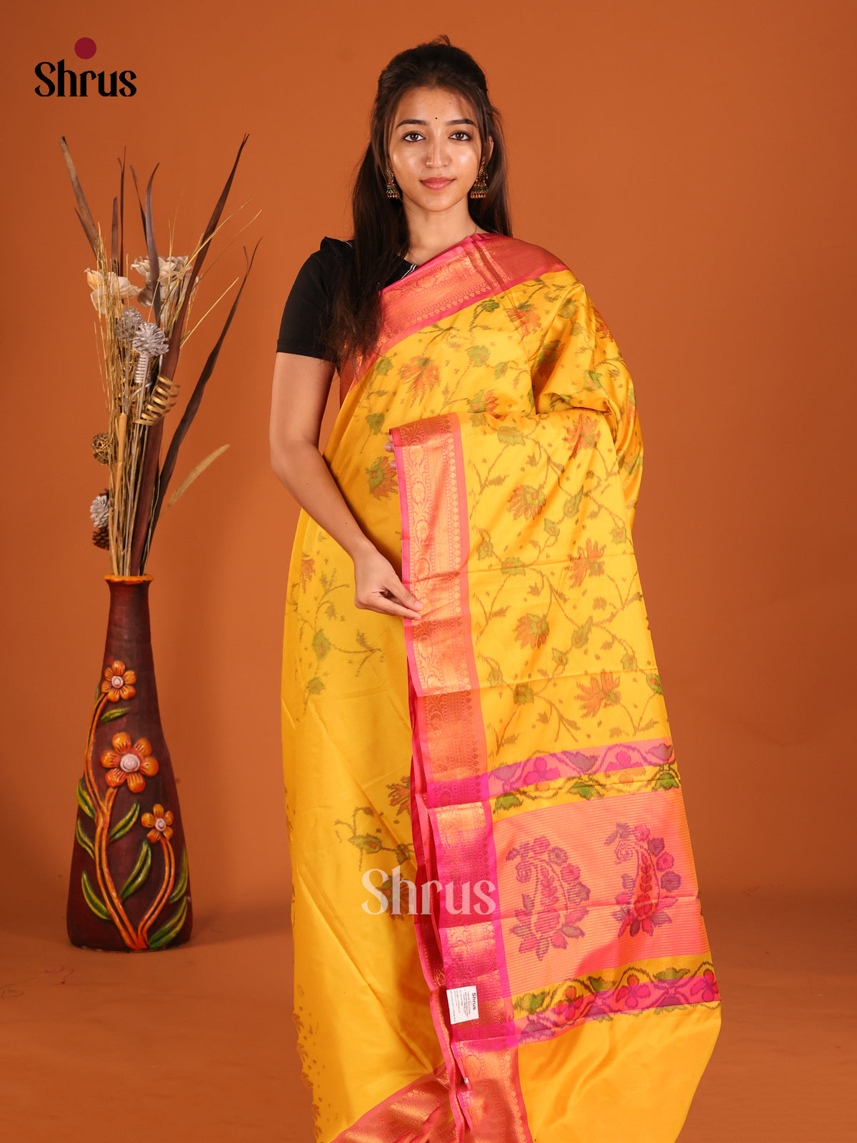 Yellow & Pink- Semi Pochampally Saree - Shop on Shrus.com