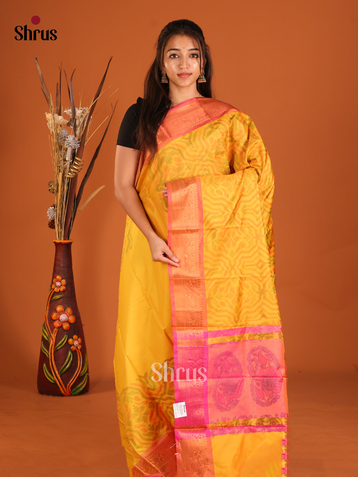 Yellow & Pink- Semi Pochampally Saree - Shop on Shrus.com