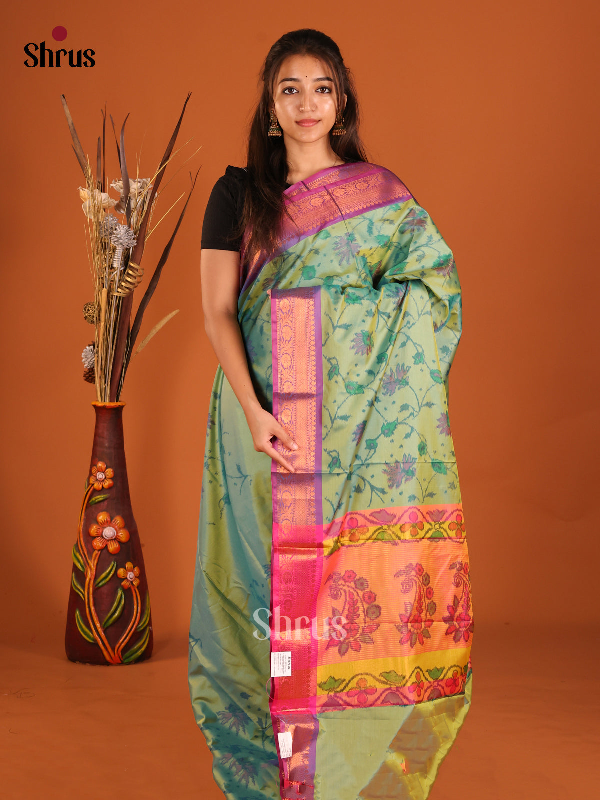 Green & Purple - Semi Pochampally Saree - Shop on Shrus.com
