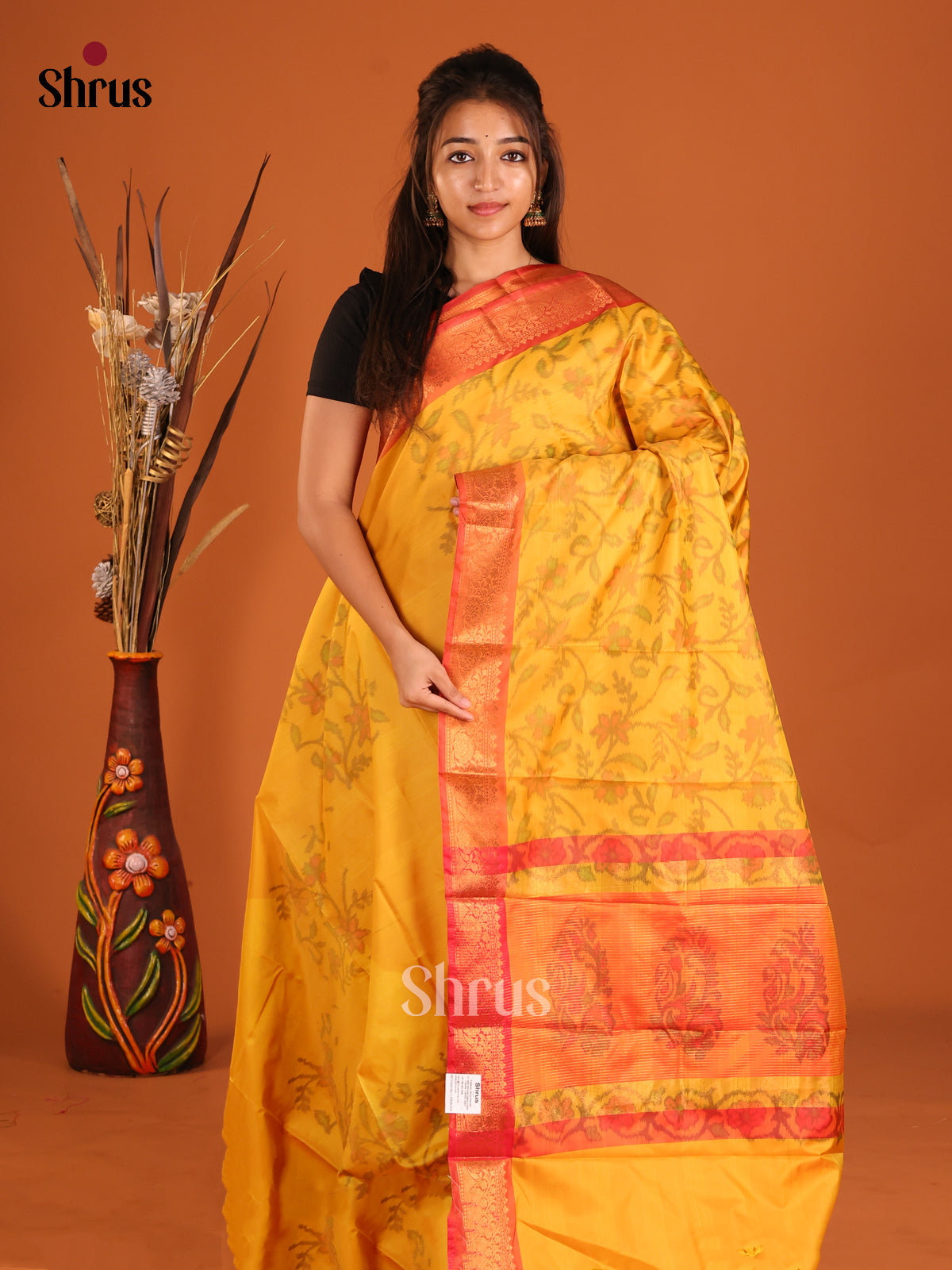 Yellow & Red- Semi Pochampally Saree - Shop on Shrus.com