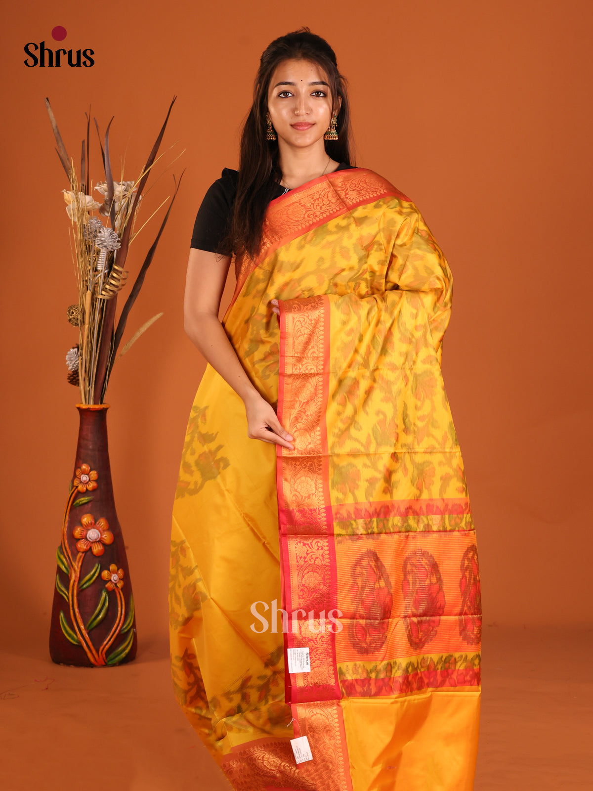 Yellow & Red - Semi Pochampally Saree - Shop on Shrus.com