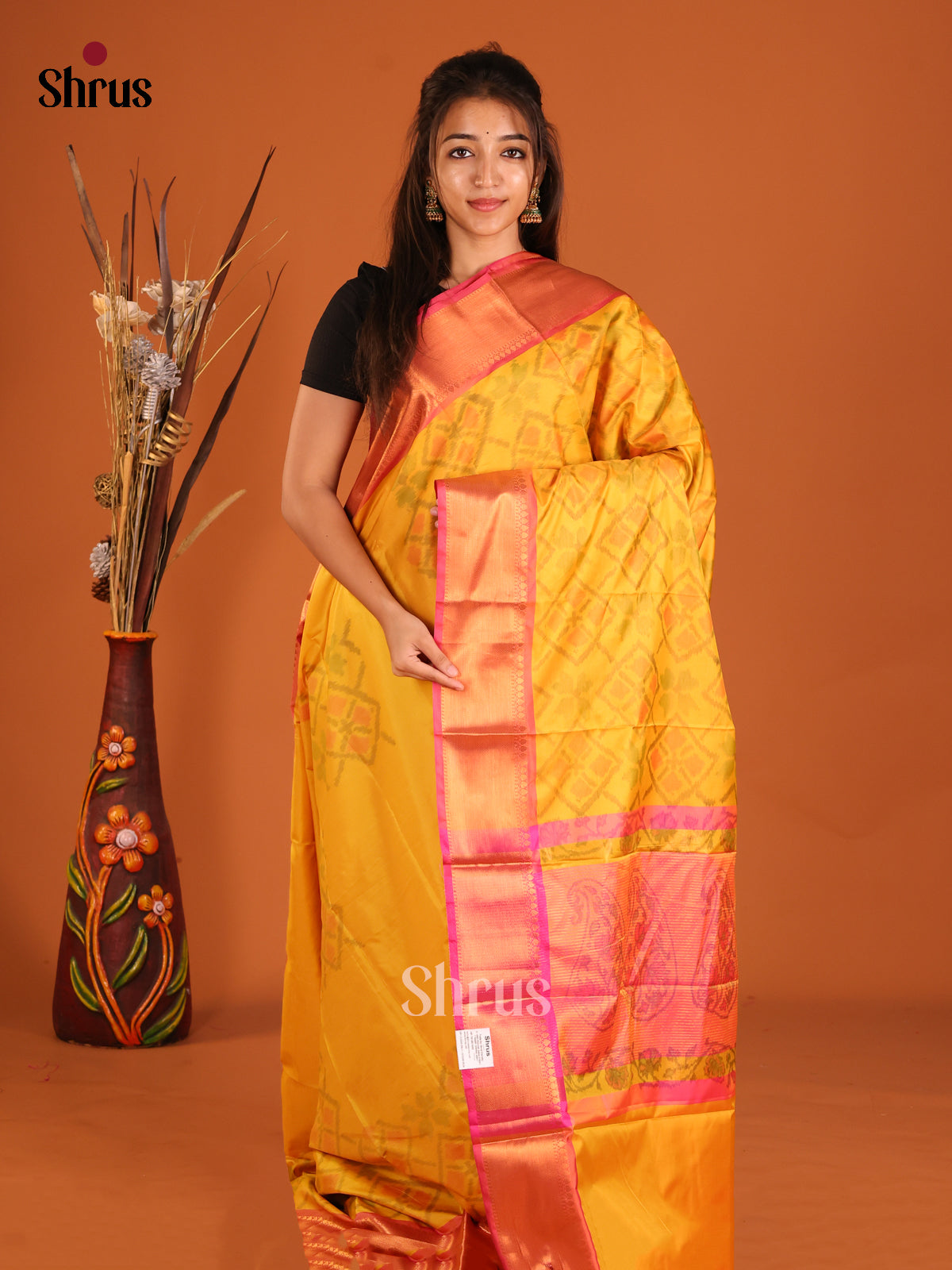 Yellow & Pink- Semi Pochampally Saree - Shop on Shrus.com