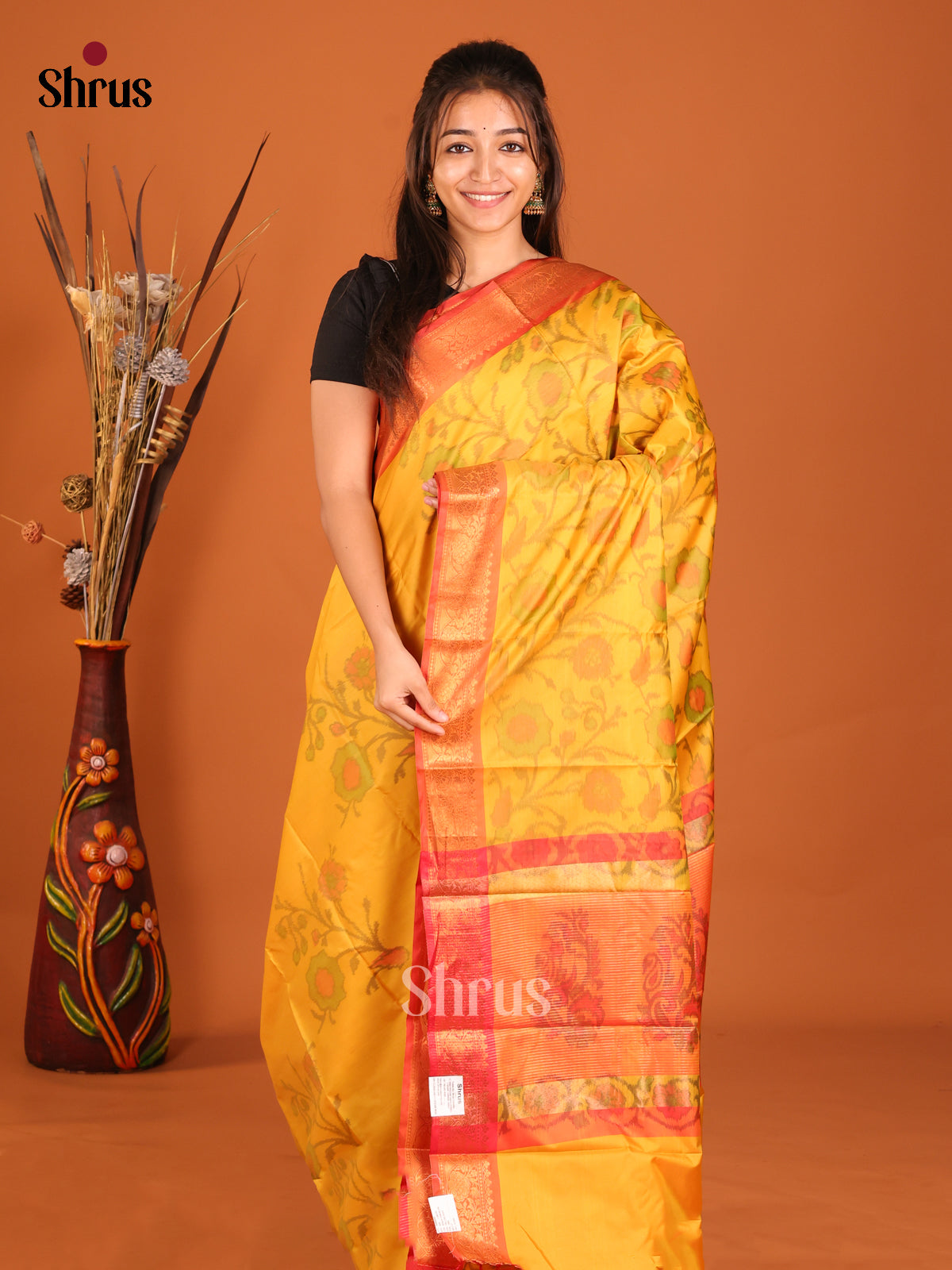 Yellow & Orange - Semi Pochampally Saree - Shop on Shrus.com