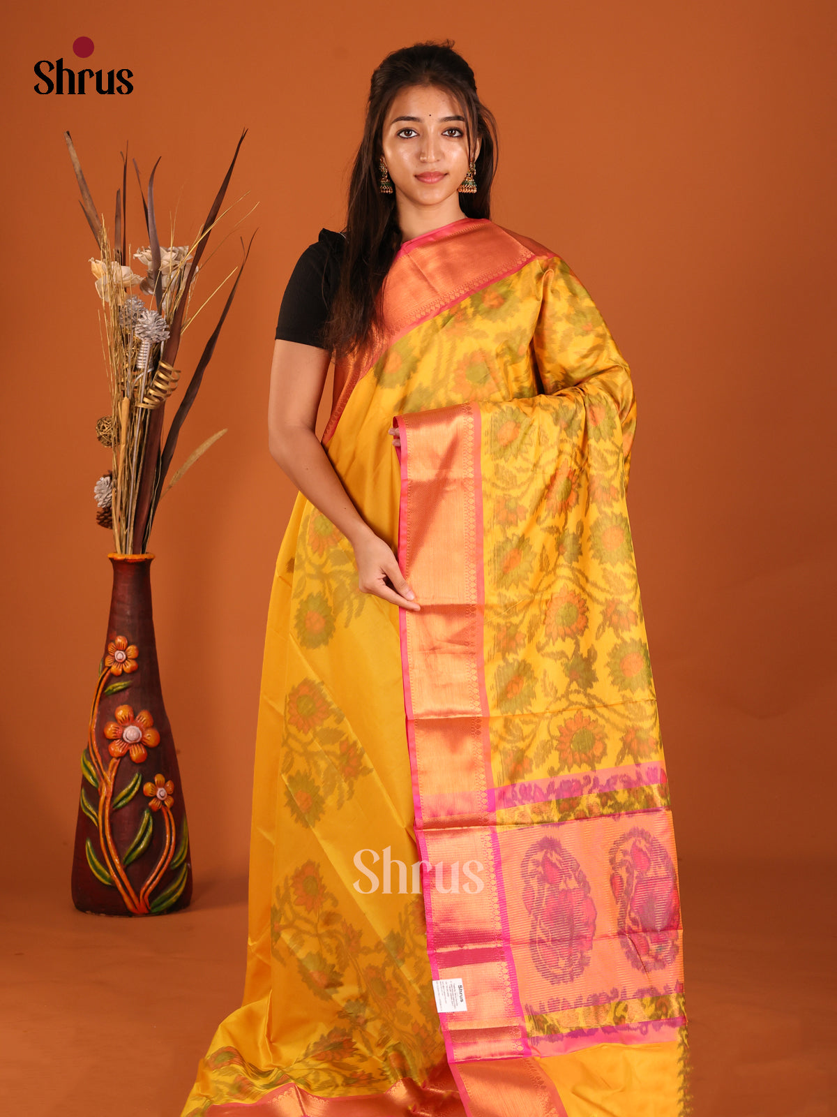 Yellow & Pink- Semi Pochampally Saree - Shop on Shrus.com
