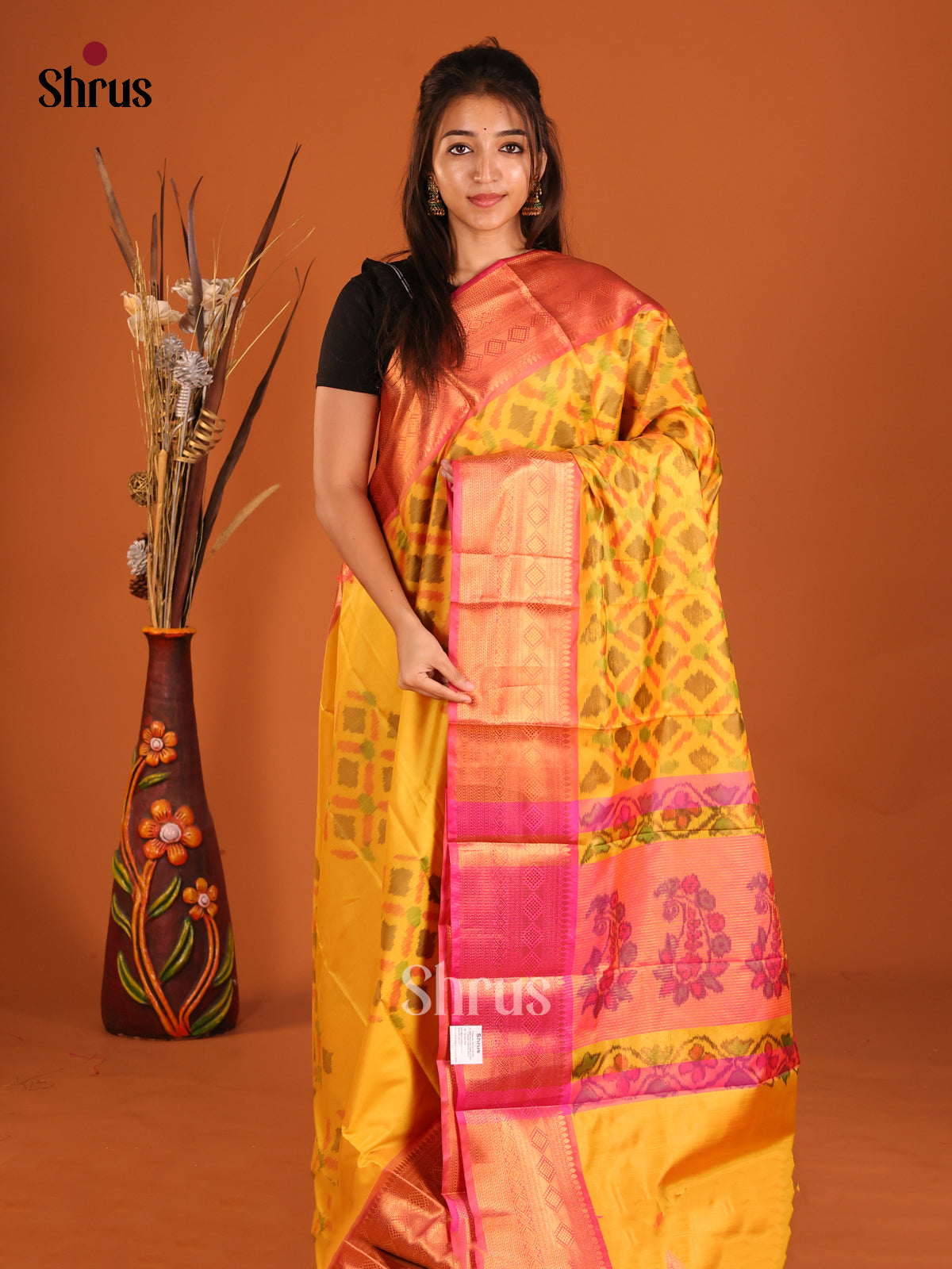 Yellow & Pink - Semi Pochampally Saree - Shop on Shrus.com