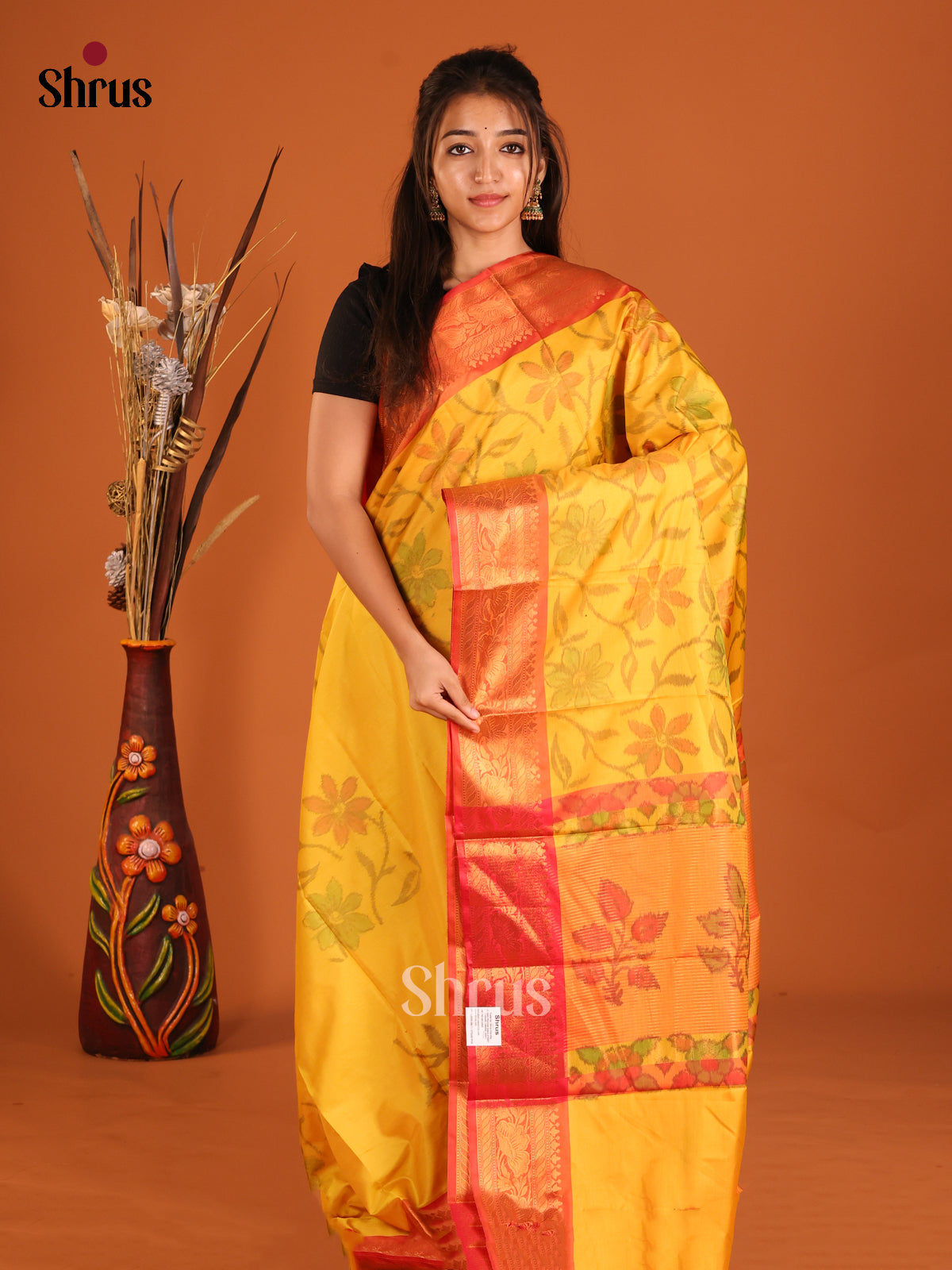 Yellow & Red - Semi Pochampally Saree - Shop on Shrus.com