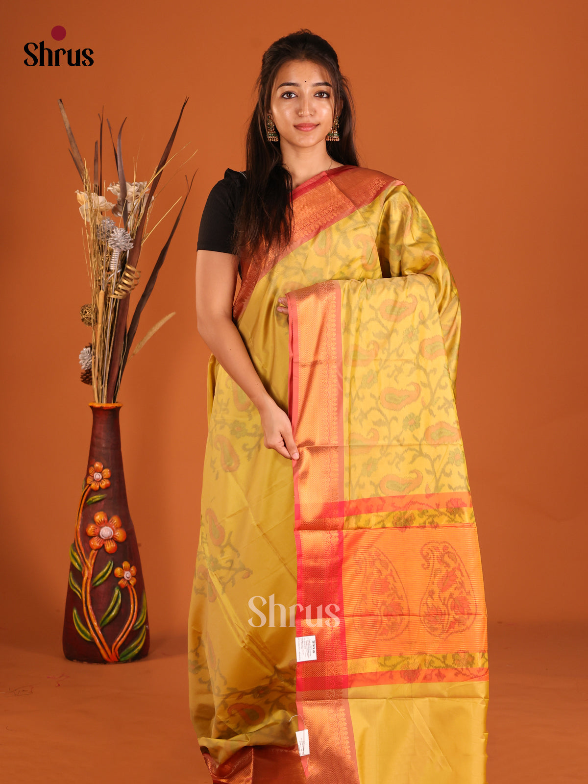 Yellow & Red - Semi Pochampally Saree - Shop on Shrus.com