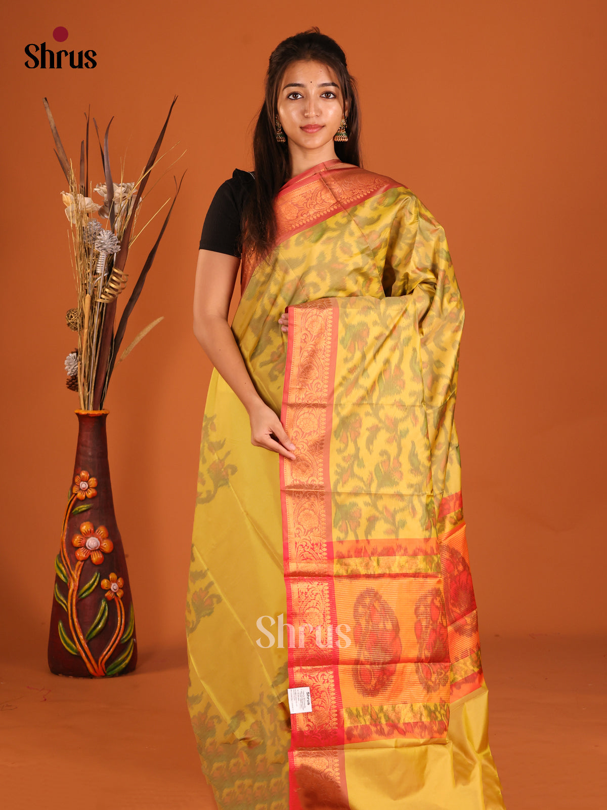 Yellow & Red - Semi Pochampally Saree - Shop on Shrus.com