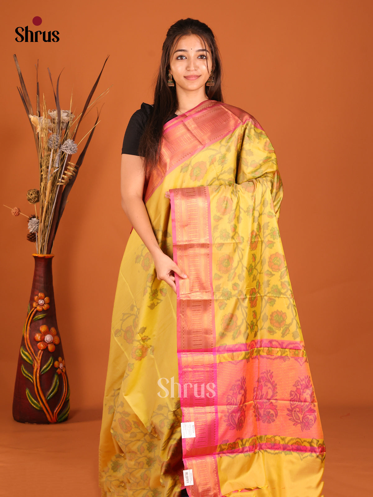 Yellow & Pink - Semi Pochampally Saree - Shop on Shrus.com