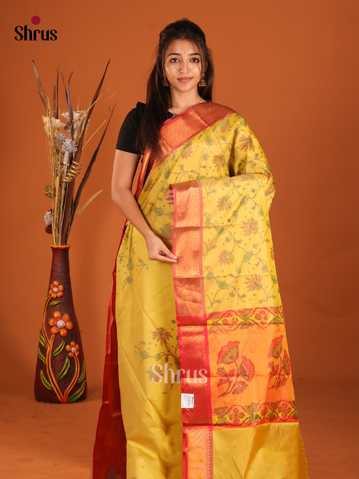 Yellow & Red - Semi Pochampally Saree - Shop on Shrus.com