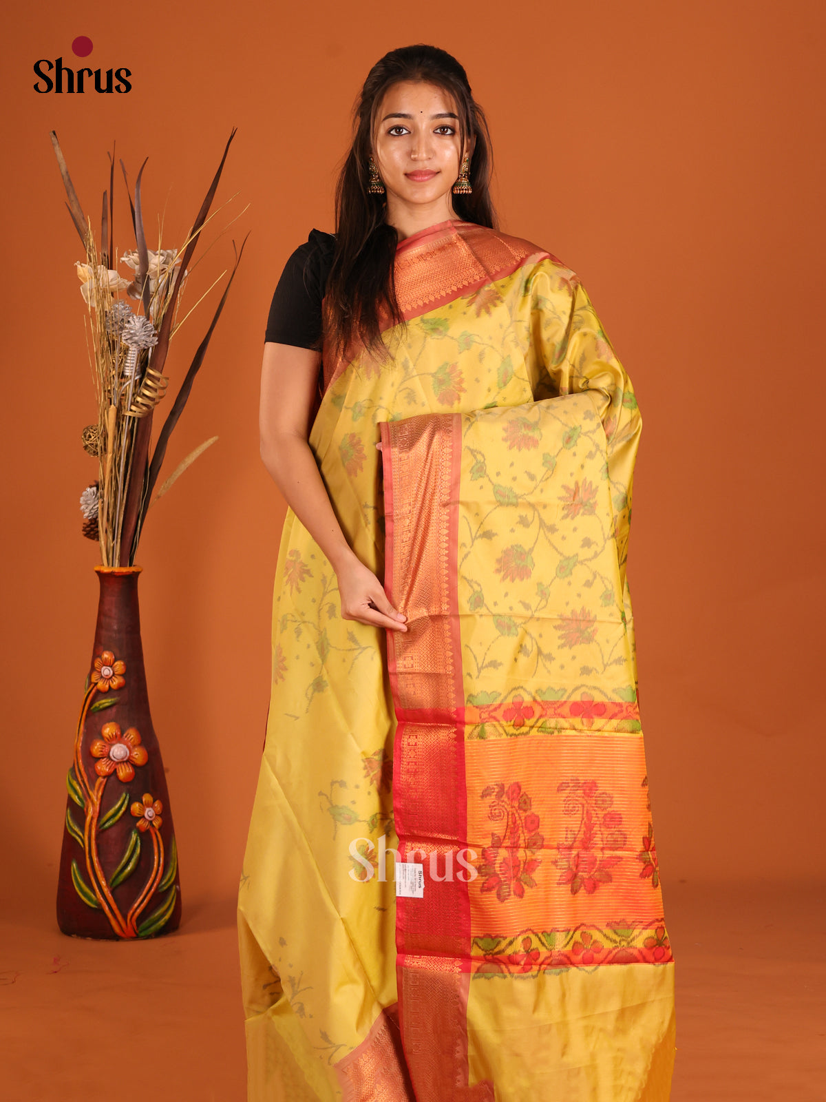 Yellow & Red - Semi Pochampally Saree - Shop on Shrus.com