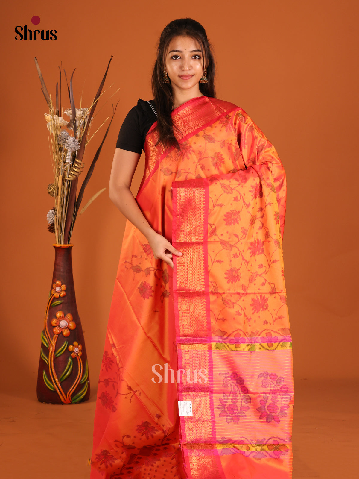 Orange & Pink - Semi Pochampally Saree - Shop on Shrus.com