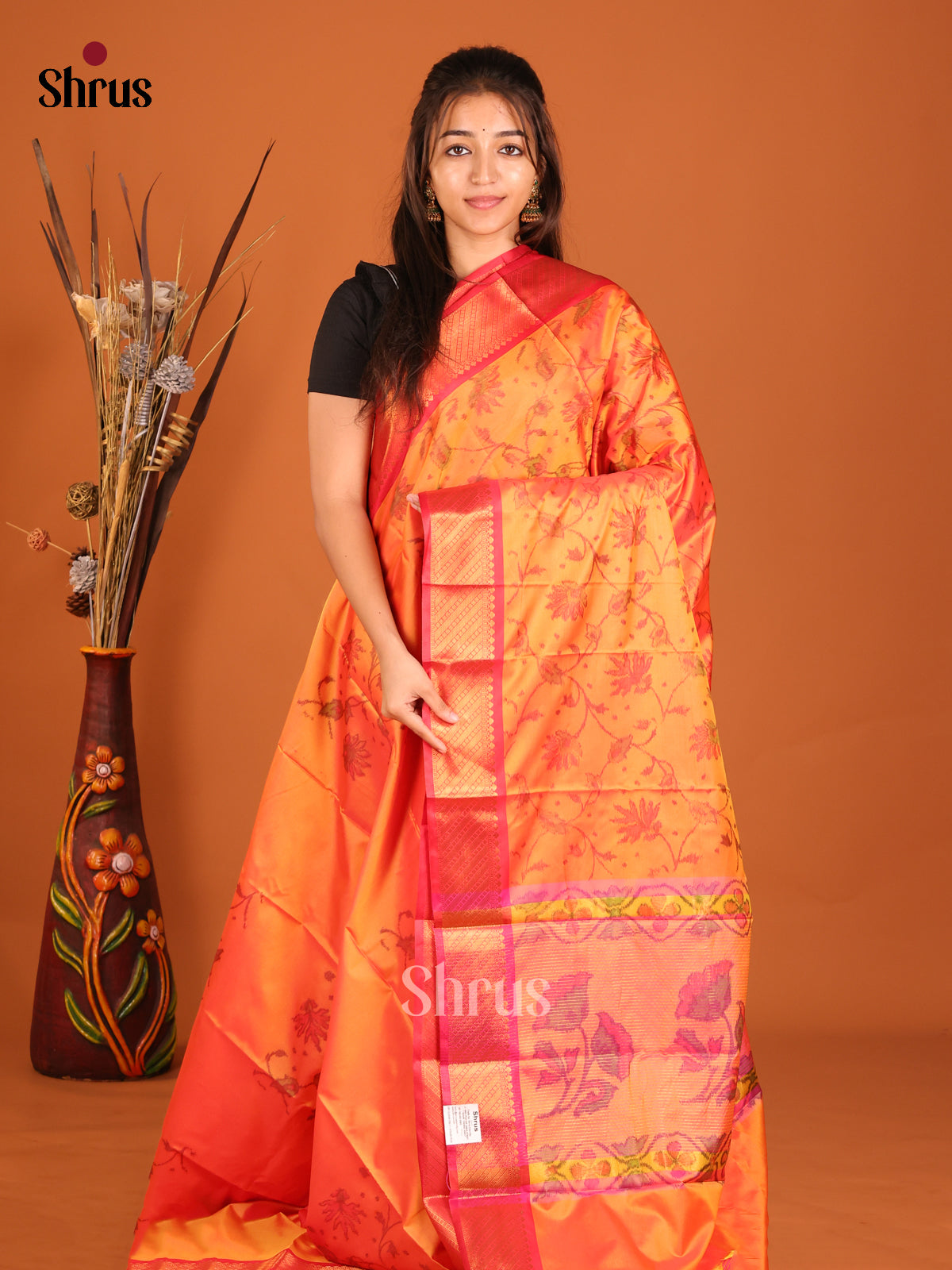 Orange & Pink - Semi Pochampally Saree - Shop on Shrus.com
