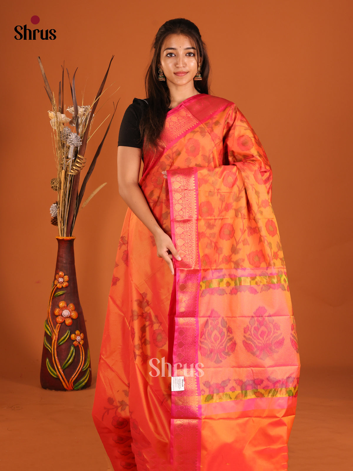 Orange & Pink- Semi Pochampally Saree - Shop on Shrus.com