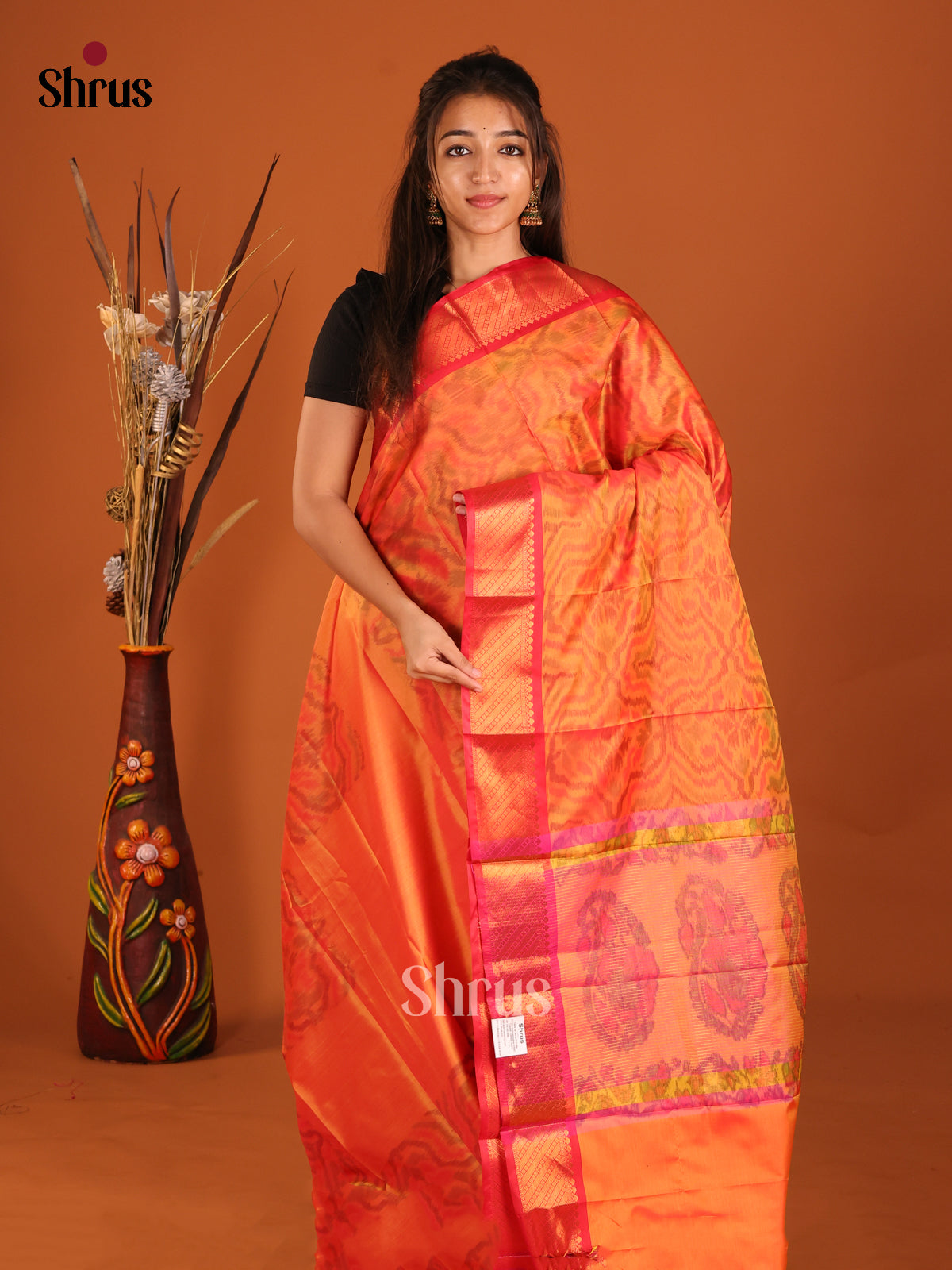 Orange & PInk- Semi Pochampally Saree - Shop on Shrus.com