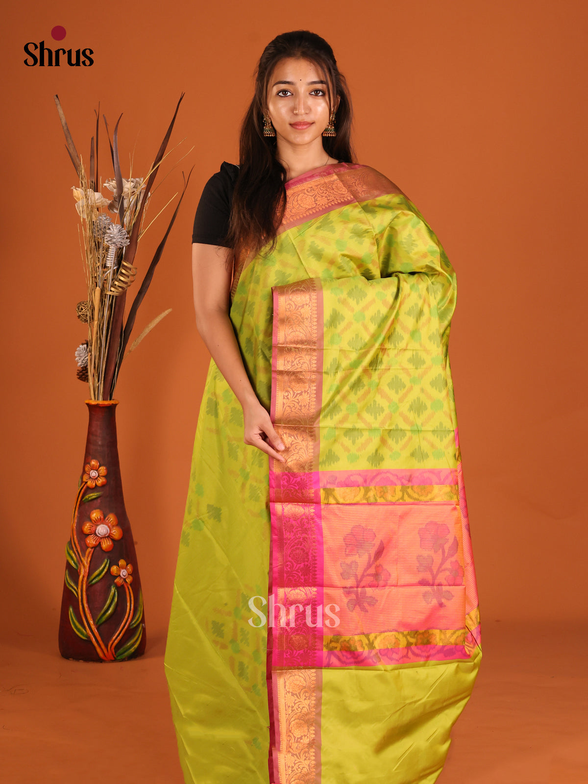 Light Green & Pink - Semi Pochampally Saree - Shop on Shrus.com