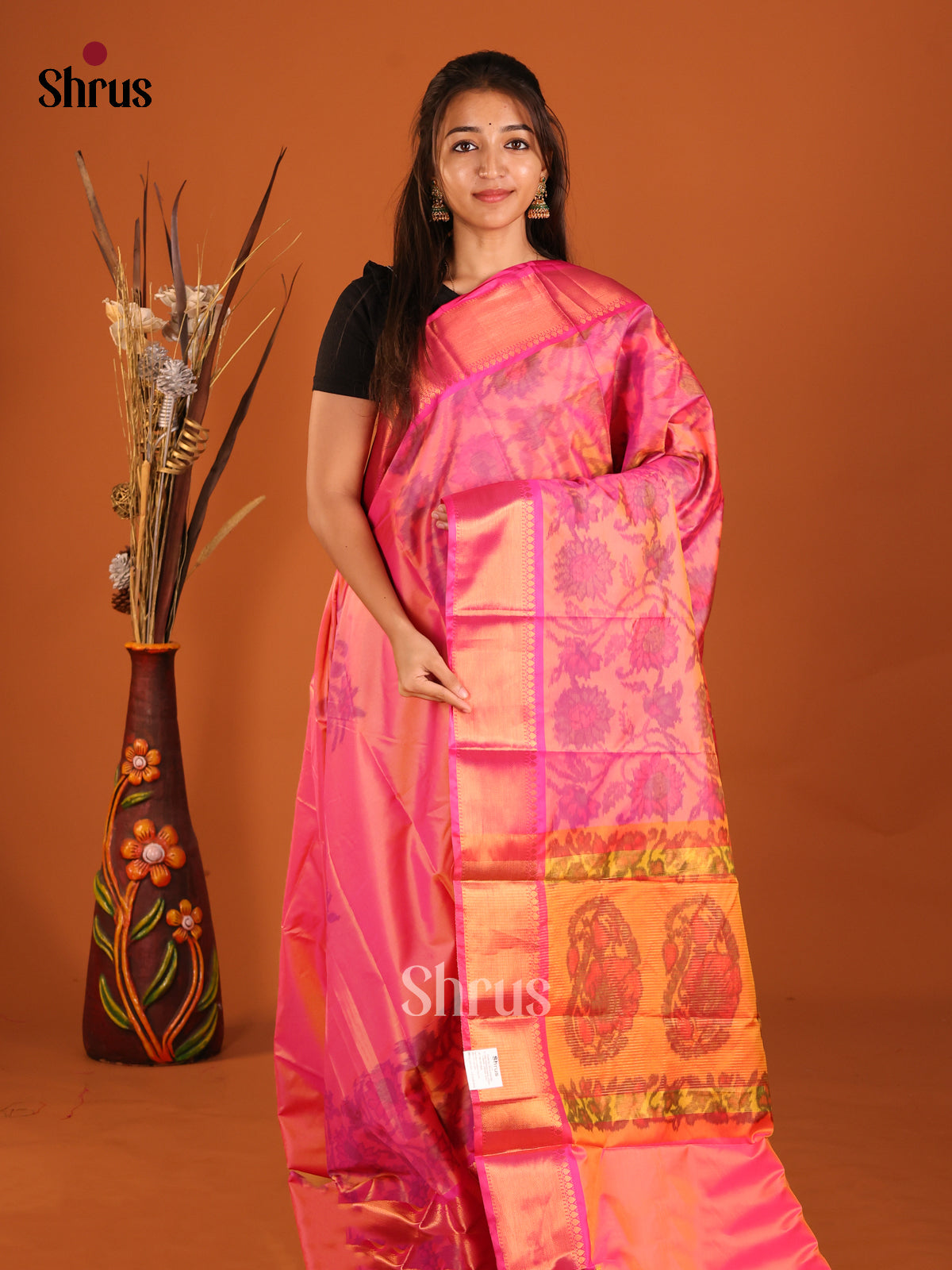 Pink & Orange - Semi Pochampally Saree - Shop on Shrus.com