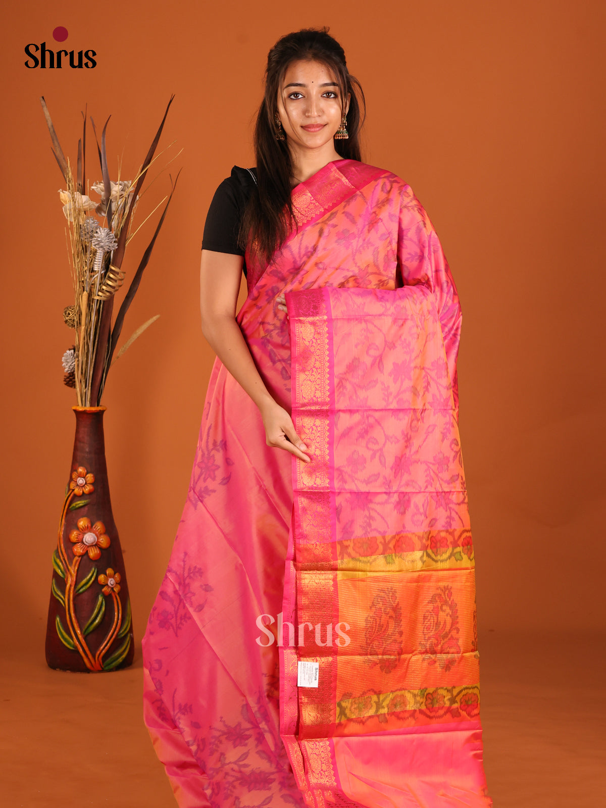 Pink & Orange- Semi Pochampally Saree - Shop on Shrus.com